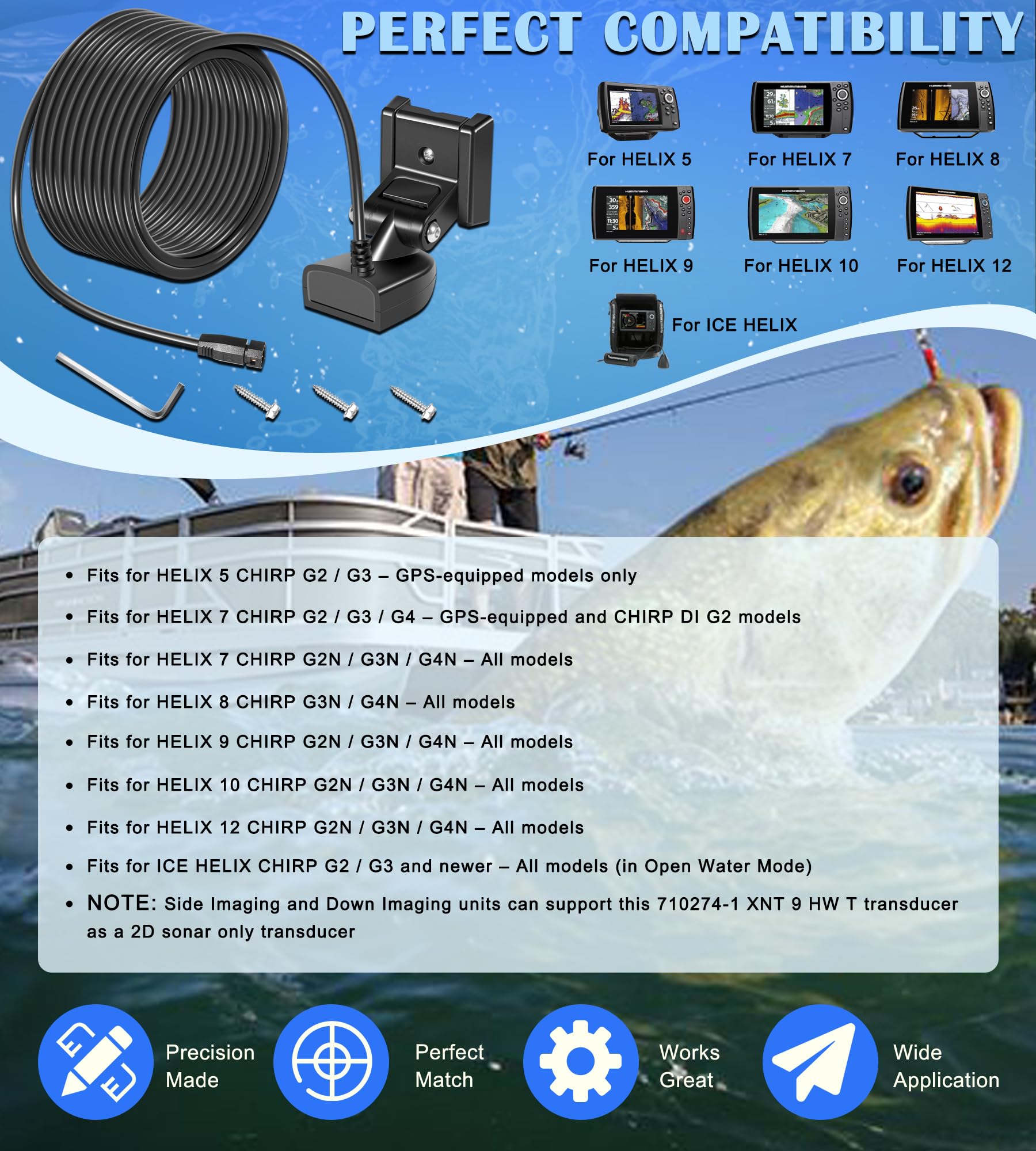 710274-1 XNT 9 HW T Heckwandler mit Temperatursensor, passend für Humminbird Helix mit Dual Spectrum Chirp 2D Sonar, 6,2 m Kabellänge