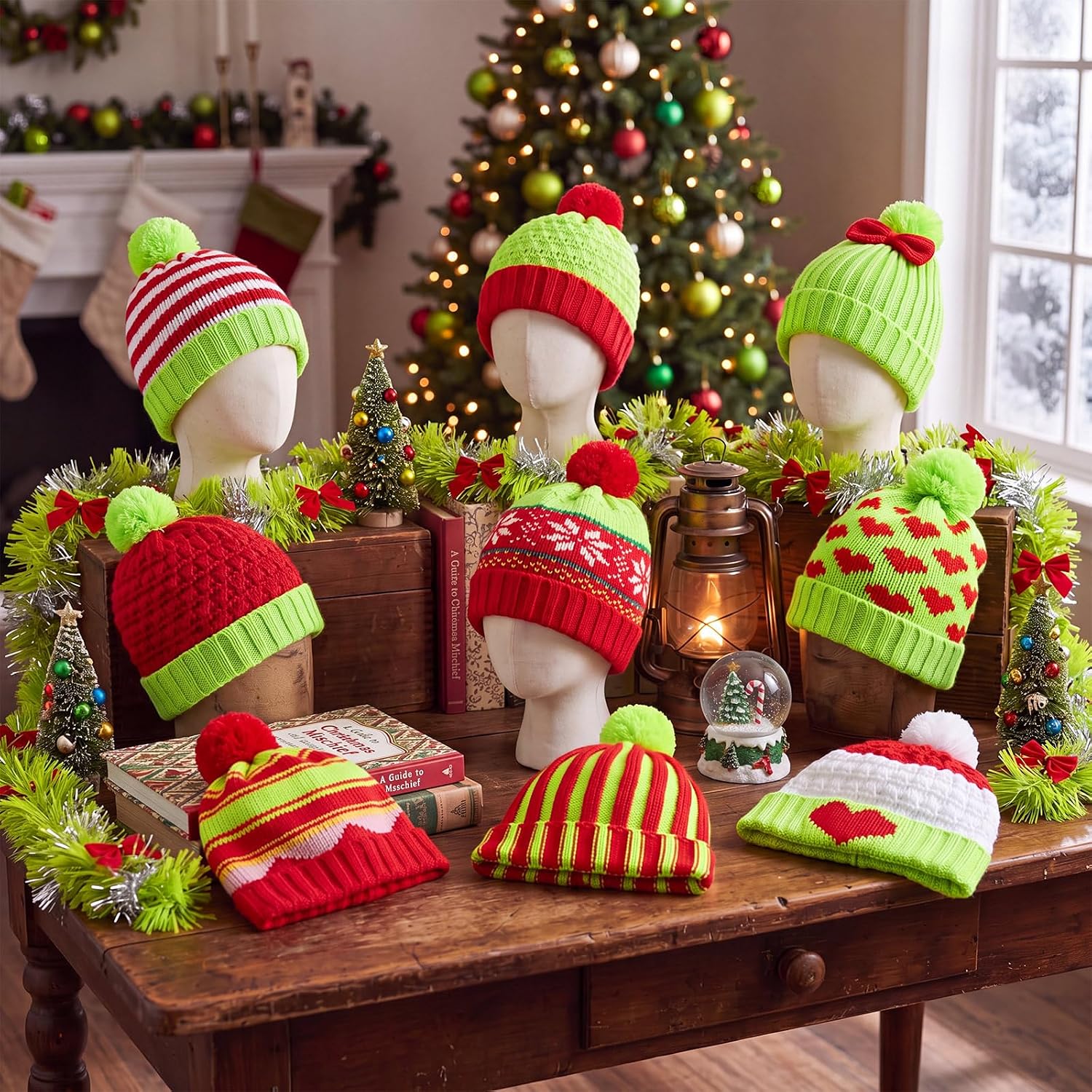 Cuffbow 9 Pcs Christmas Green Knit Monster Beanie Hats with Pom Pom