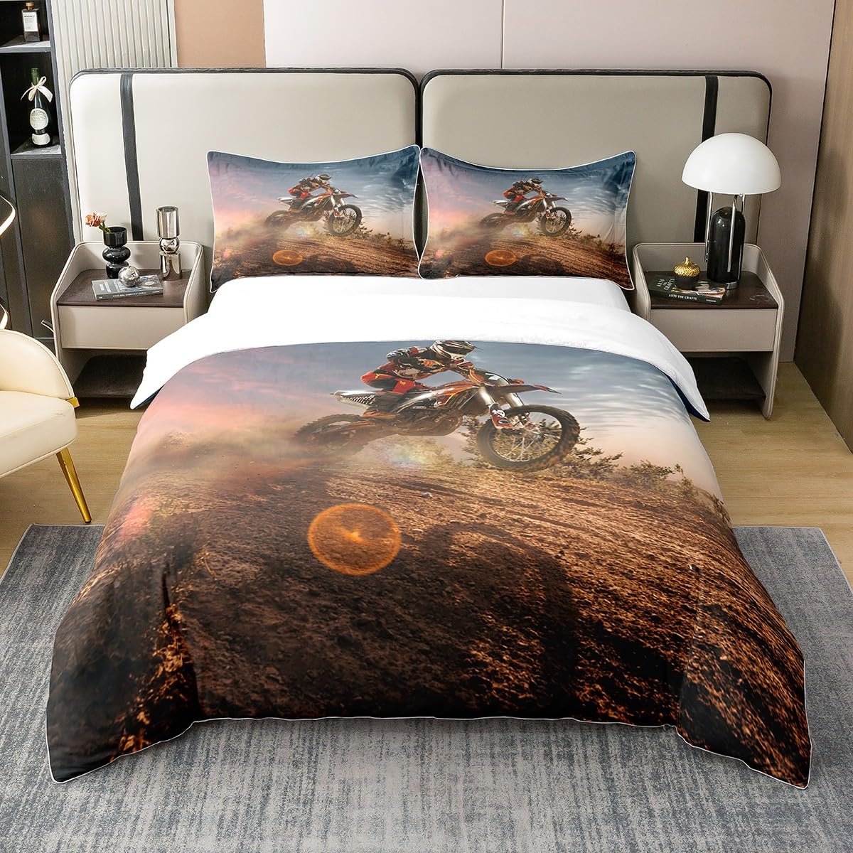 Loussiesd Dirt Bike 100% Cotton Duvet Cover Kids Extreme Sports Bedding Set Set Room Decorative Cool Racing Motocross Rider Rugs for Living Room Motorcycle Comforter Cover Set Super King Size — image 1