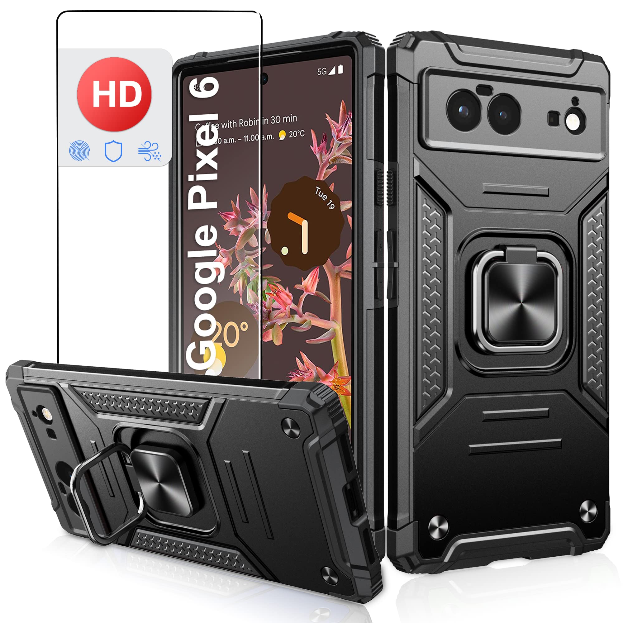 Designed for Pixel 6 Case with Screen Protector,Military-Grade Drop Protection,Protective Case for Women & Men,with Ring Kickstand,Shockproof Bumper Case for Google Pixel 6,Black