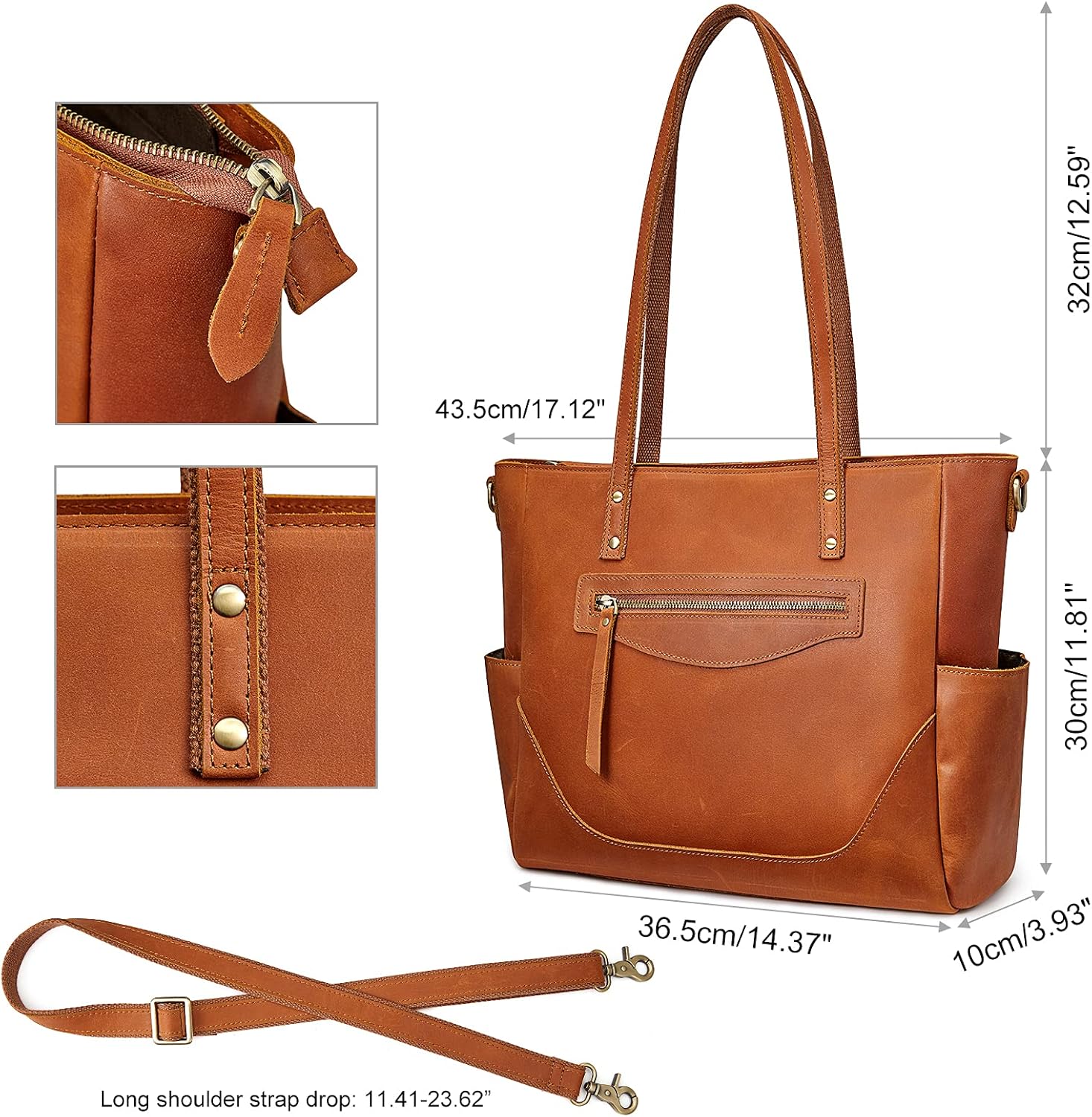 S-ZONE Genuine Leather Tote Bag for Women Large Shoulder Purses Work Handbags with Crossbody Strap Vintage - Image 5