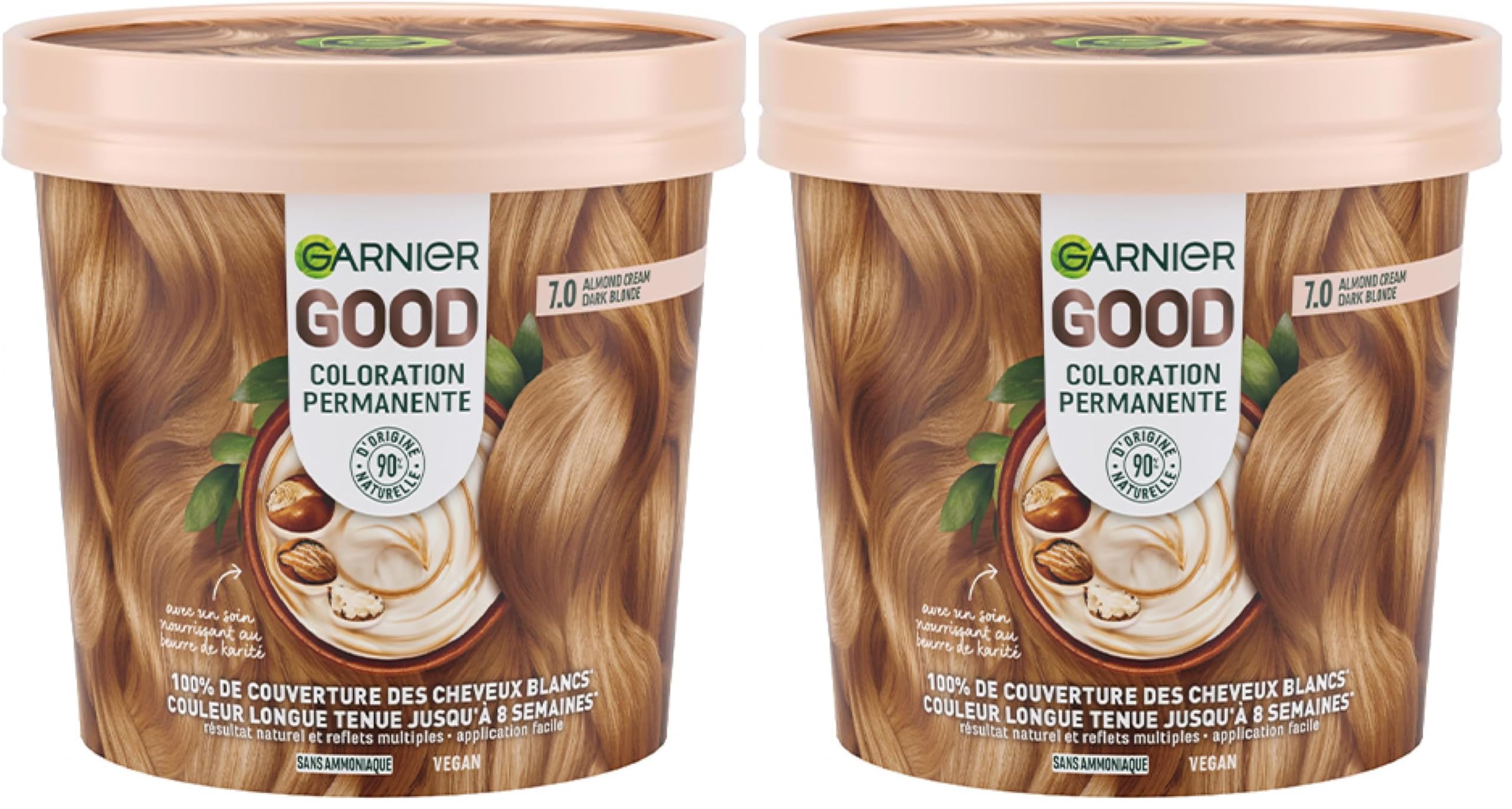 Garnier - Permanente Haarfarbe – ohne Ammoniak – 90% Inhaltsstoffe aus natürlichen Ursprungs und vegane Formel – Sheabutter – 100% Abdeckung für weißes Haar – Dunkelblond Mandel (7,0) – Good