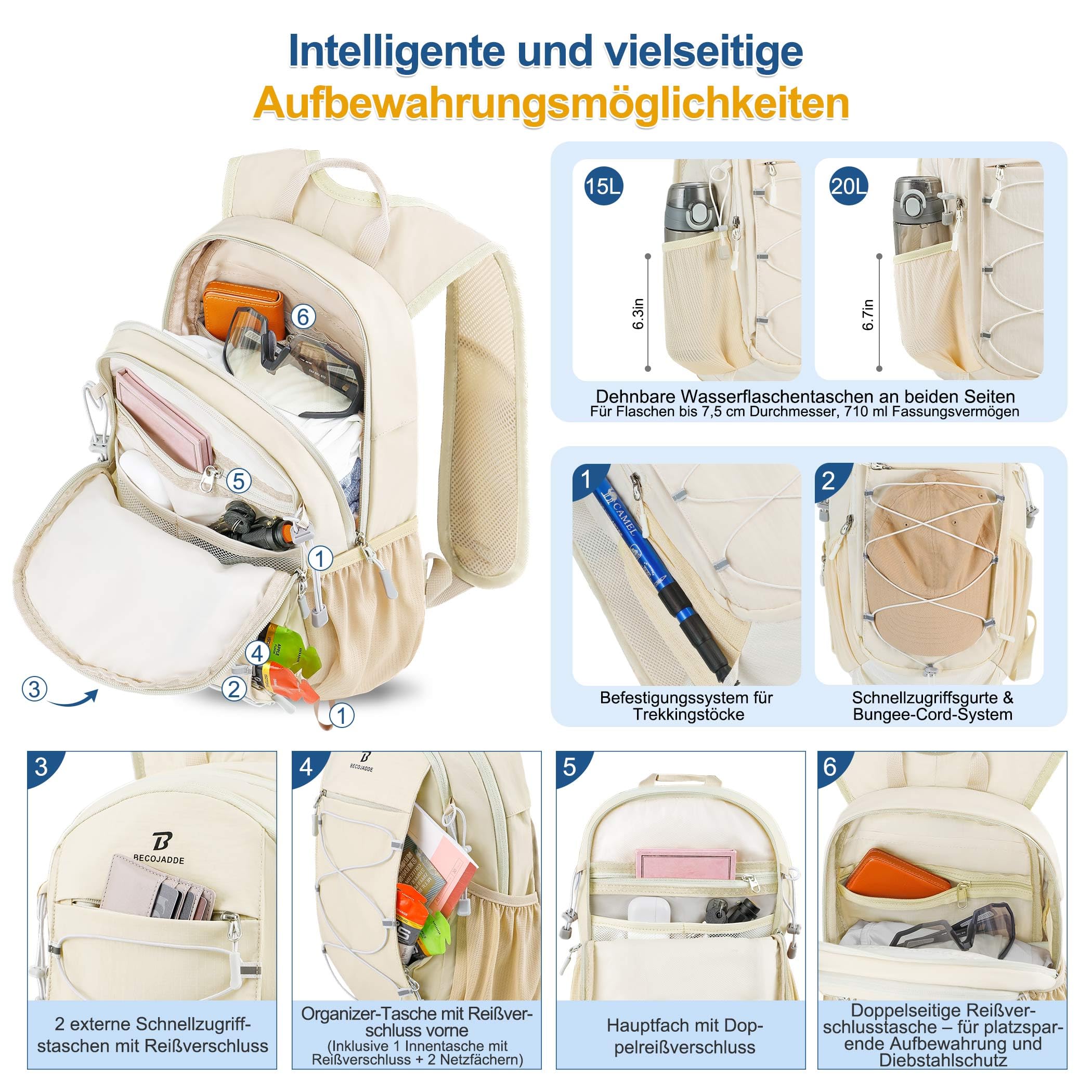 BECOJADDE 15L Kleiner Wanderrucksack Tagesrucksack Herren Damen Leichter Faltbarer Rucksack mit Brustgurt und Rückenbelüftung für Wandern Daypack Travel Rad und Ausflug, Beige