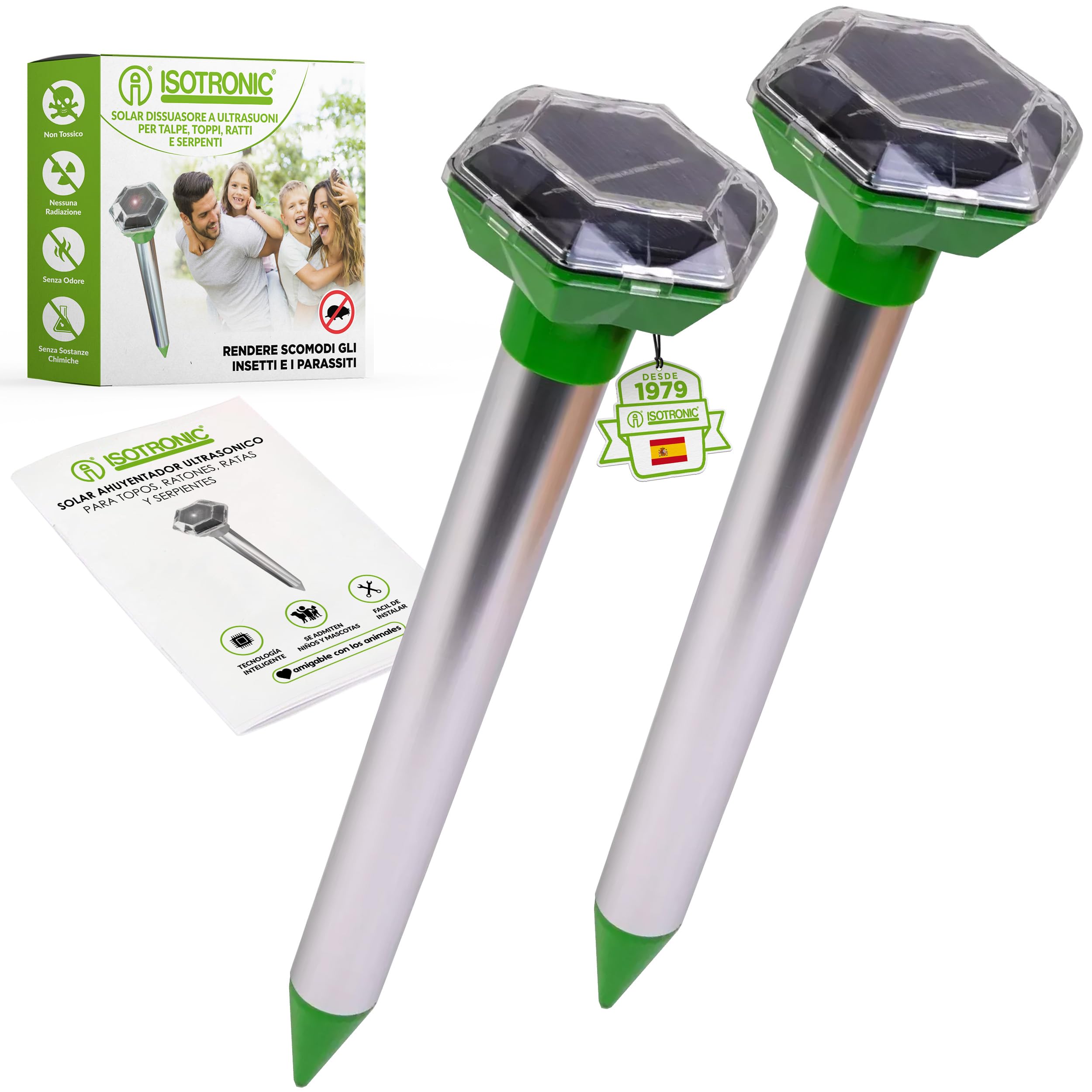 ISOTRONIC Repelente para Topos, topillos y Serpientes: Repelente Solar con estaca para jardín. Alcance Efectivo de 1000 m² (2 Unidades).