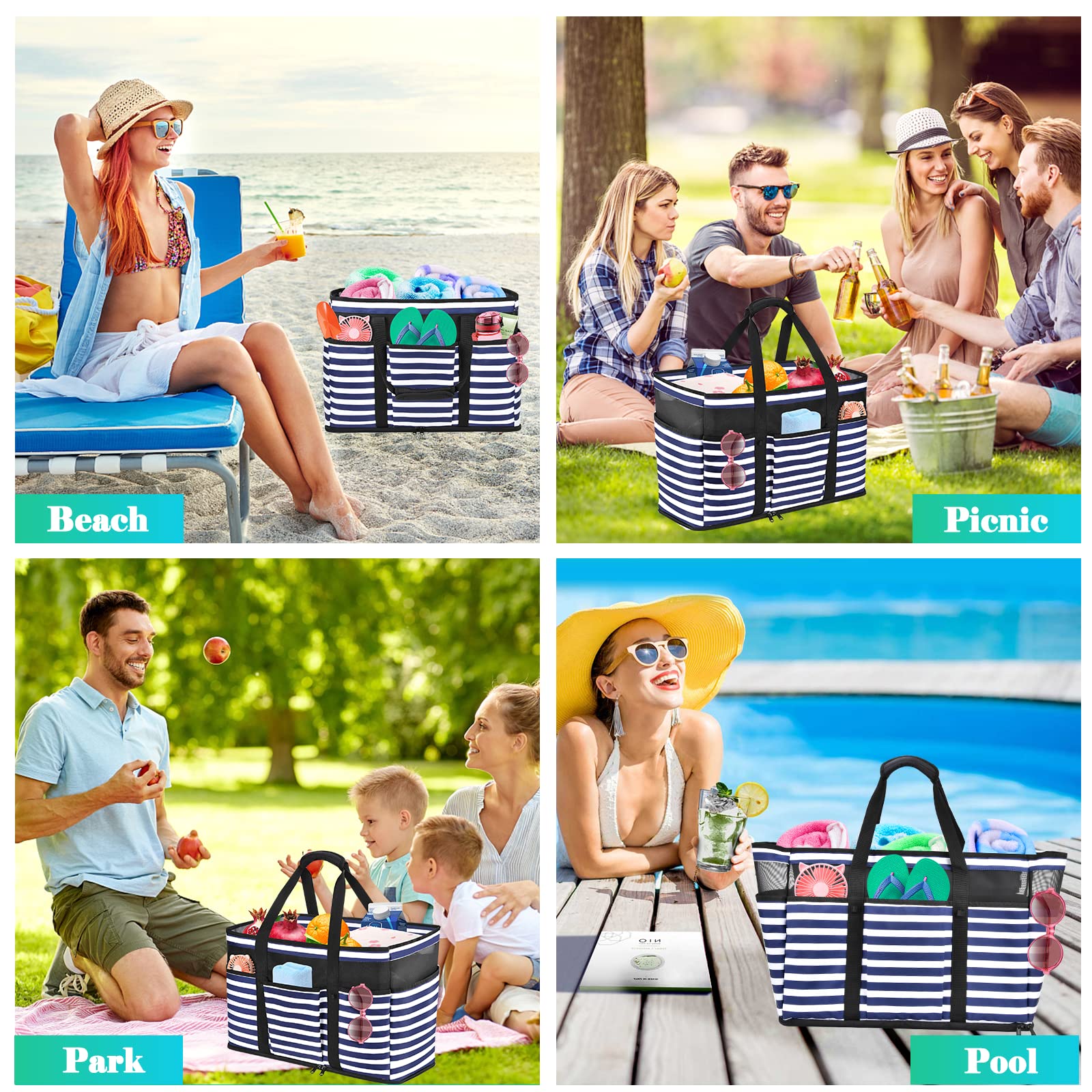 Grand Sac de Plage Femme XXL, Sac de Plage XXL Extra Large Famille en Maille Pliable pour Femme avec Fermeture Éclair, Grand Poches Sacs à Cabas pour Plage Voyages Gym Piscine 45L