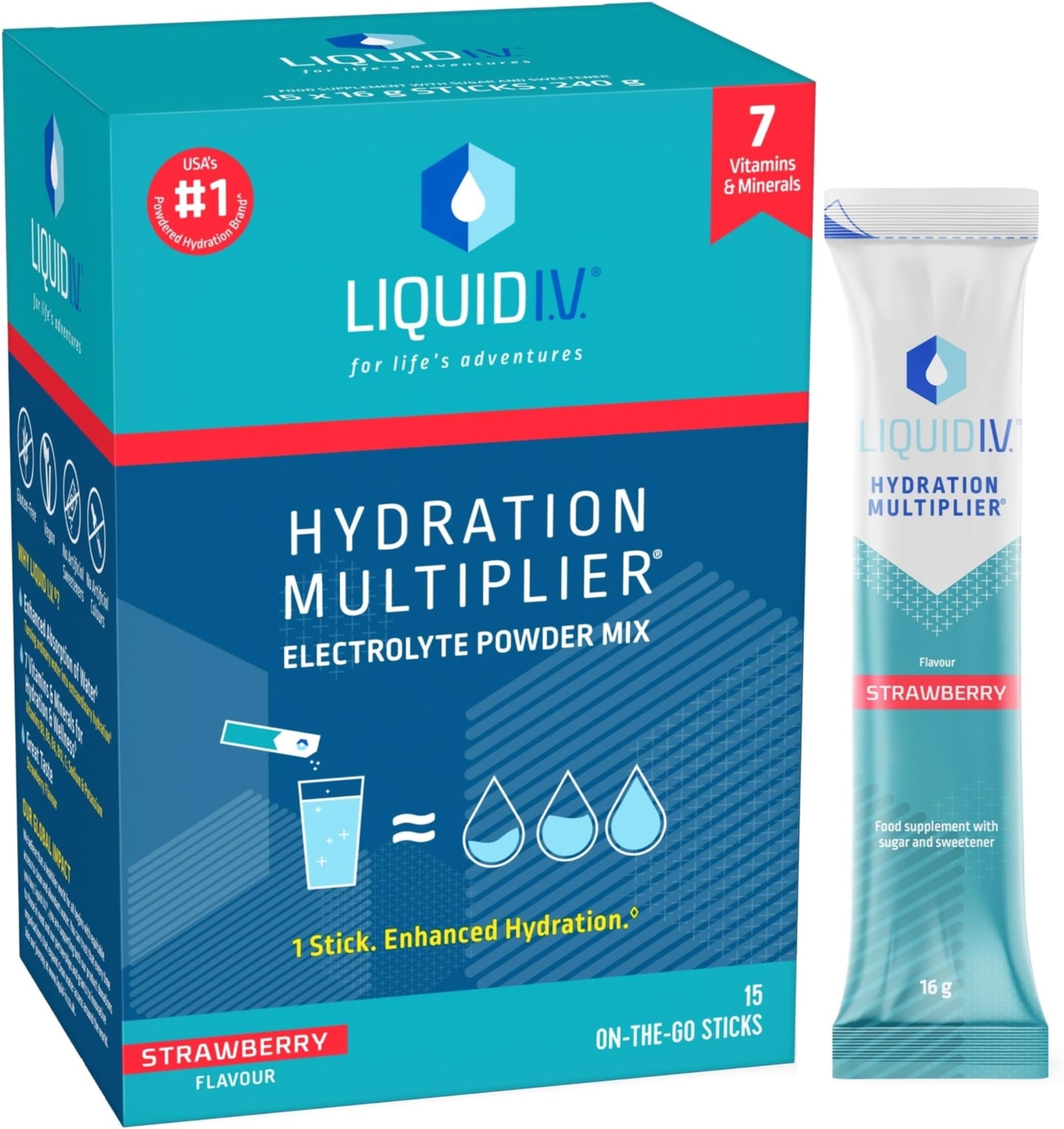 Liquid I.V. Hydration Sachets | Strawberry | Electrolyte Powder Mix | 1 Pack (15 Sticks) | 7 Vitamins and Minerals | Vegan