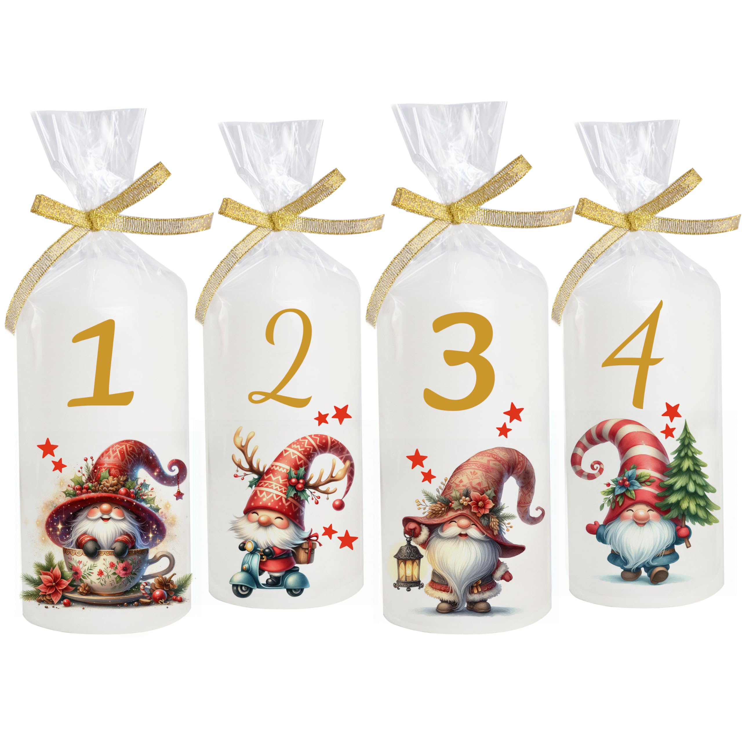 Candela dell'Avvento personalizzata con nome e scritta come decorazione da tavolo, decorazione da tavolo, candela dell'Avvento, regalo amorevole, 4 pezzi, gnomi, durata 35 ore, diametro 6,8 x altezza