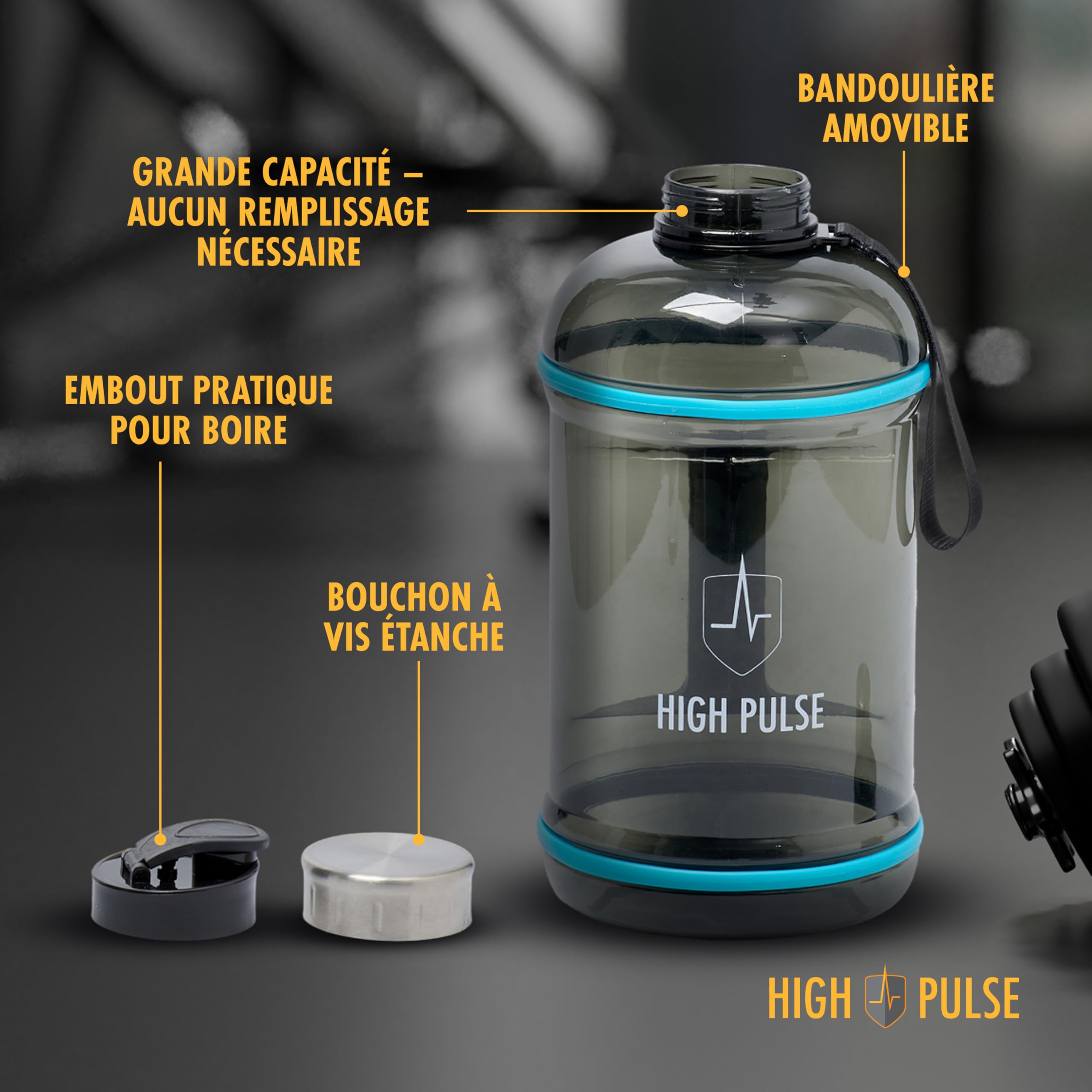 High Pulse Gourde XXL en Plastique - Bouteille d’Eau 2,2 L avec Bouchon Vissé, Bec Verseur et Sangle - Étanche pour Sport, Fitness, Randonnée, Musculation, Camping et Activités Extérieures