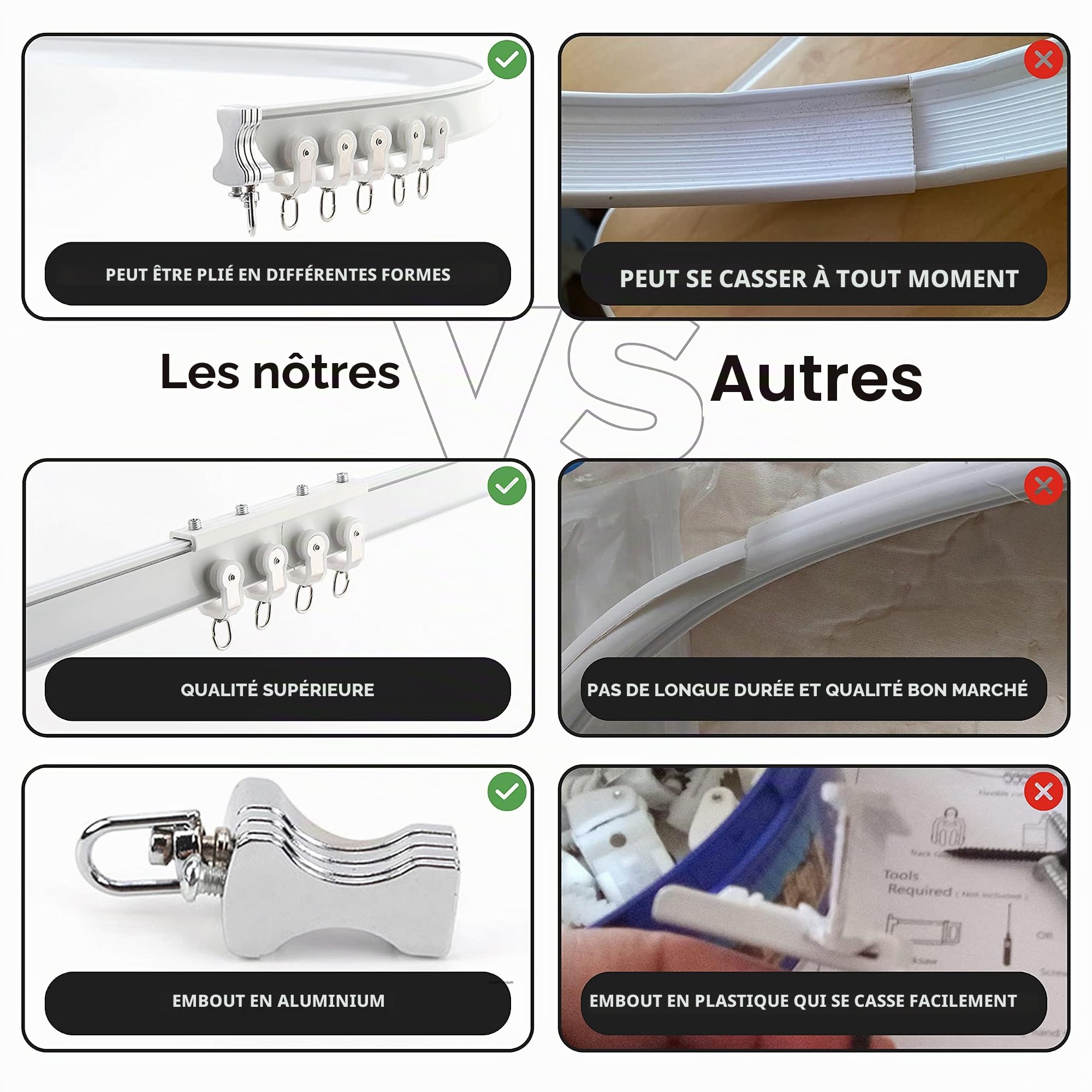 Rail de rideau de plafond flexible en aluminium – Rail de montage mural/plafond pliable de 5 m, système de glissement lisse pour baies vitrées, camping-cars, séparateurs de pièce, douches – Facile à