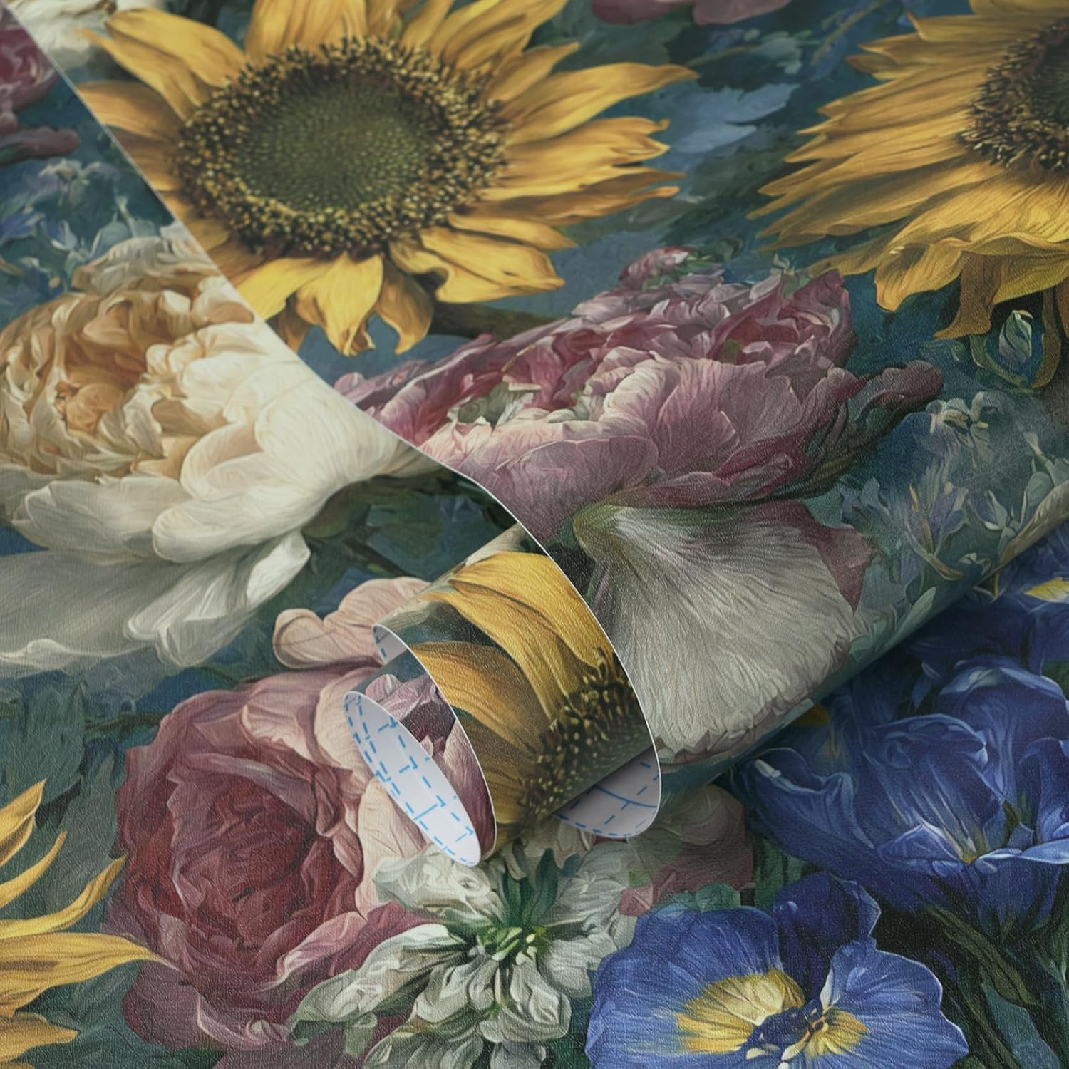 HeloHo Colorful Floral Peel and Stick Wallpaper Self Adhesive Removable Wallpaper for Bedroom Large Green/Blue Sunflower/Peony Flower Contact Paper for Bathroom Cabinet Decor Vinyl Roll 17.7" x 78.7"