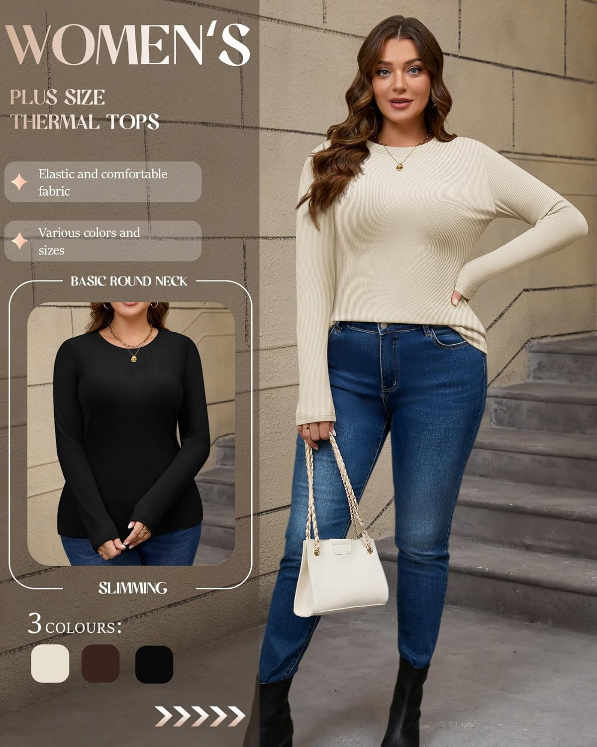 3 Pack Plus Size Thermal Shirts for Women Long Sleeve Ribbed Knit Underwear Tops Base Layer Tee - Image 6