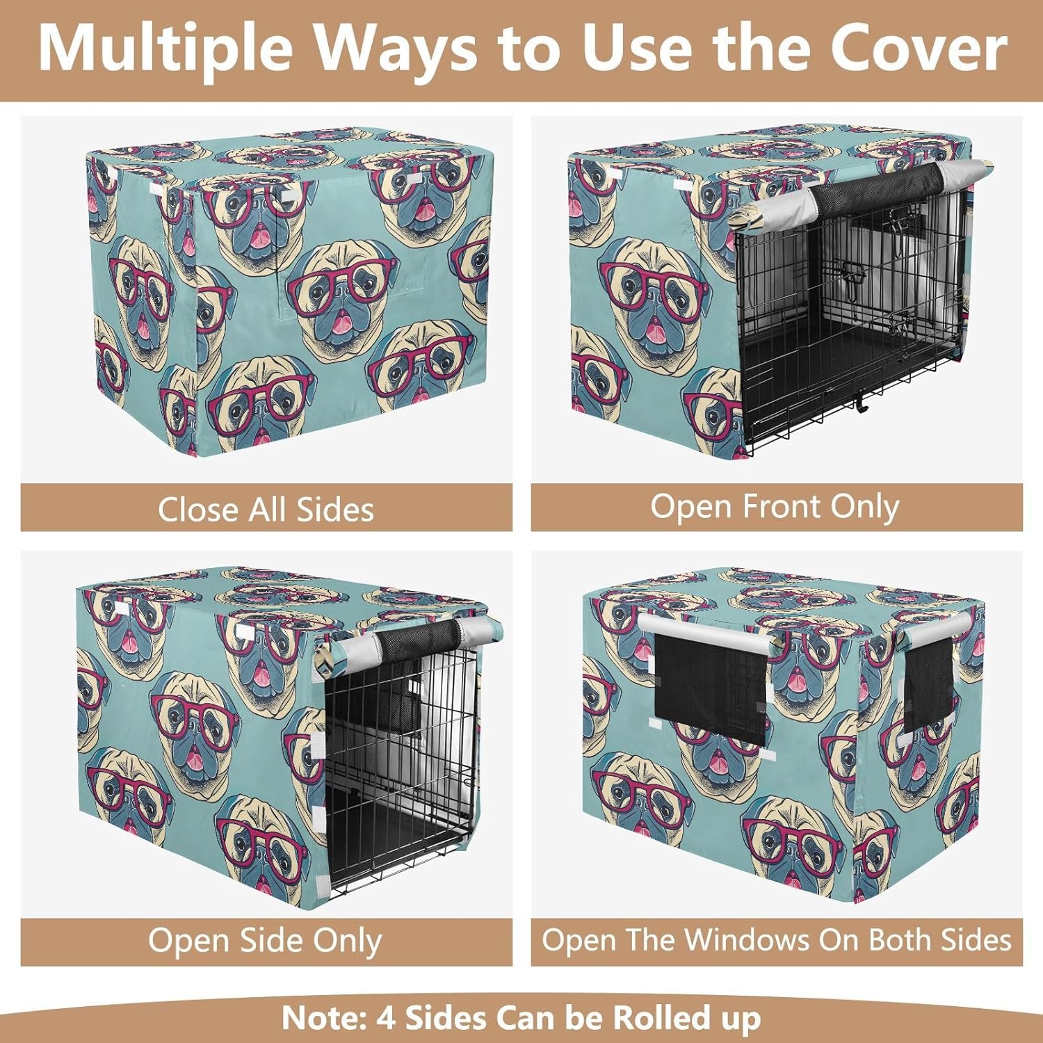 Cute Pug Dogs Green Dog Crate Cover Roll-up Sides, Crate Cover for Dog, X-Large