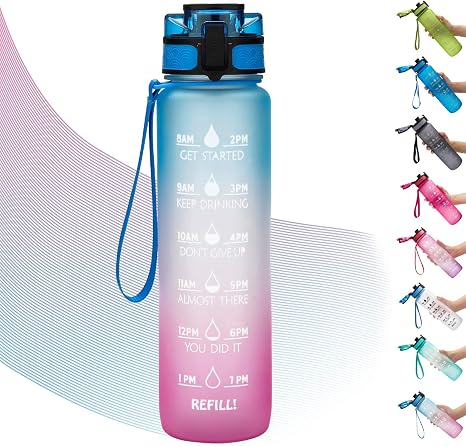 Amazon Nebaee 1000ml 750mlを飲むことを奨励する時間目盛の印が付いているプラスチック製の水筒 1000ml 1000ml 青ピンクのグラデーション 水筒 マグボトル オンライン通販