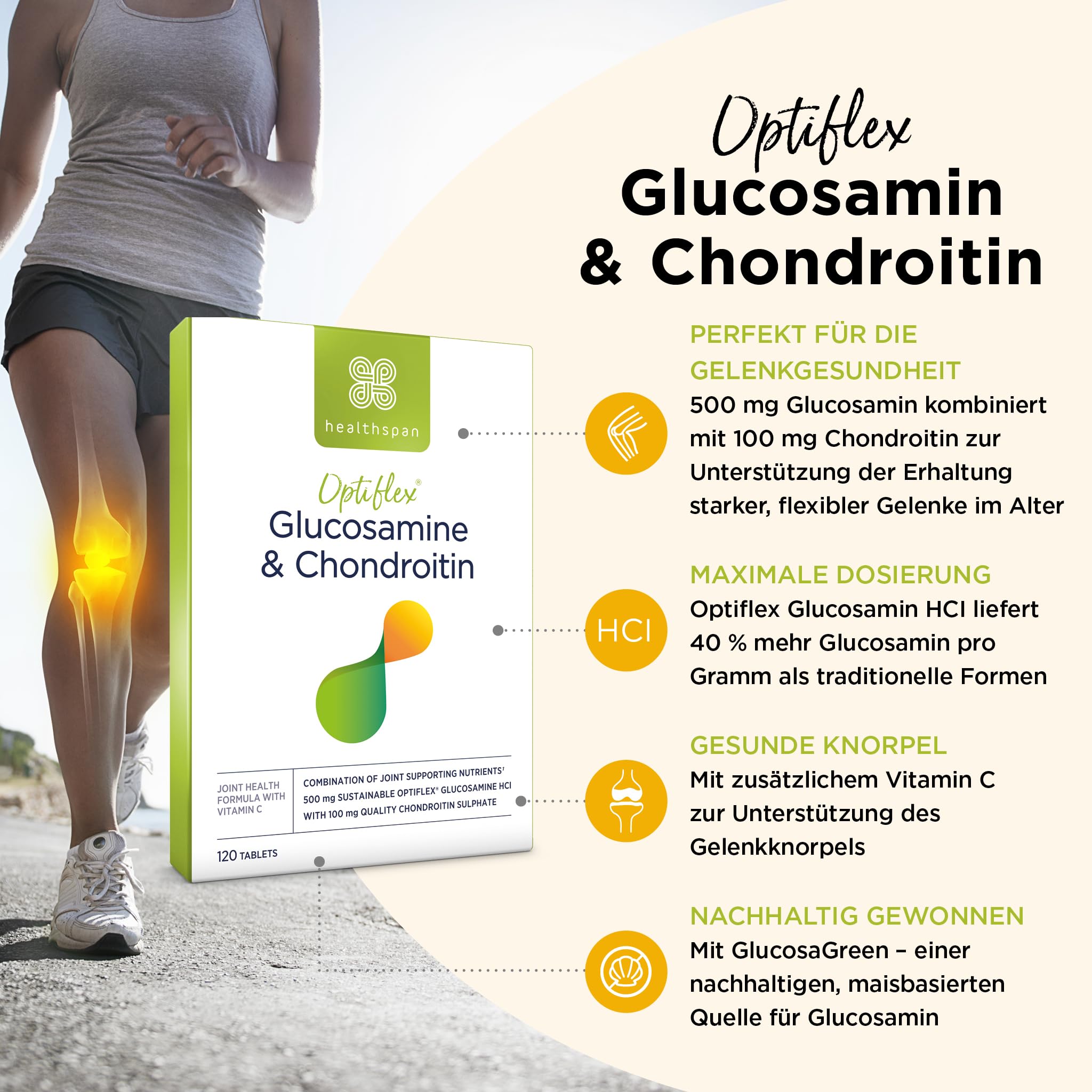 Healthspan Glucosamin & Chondroitin | 500 mg Optiflex Glucosamin & 100 mg Chondroitinsulfat | 20 mg Vitamin C | 120 Tablettem