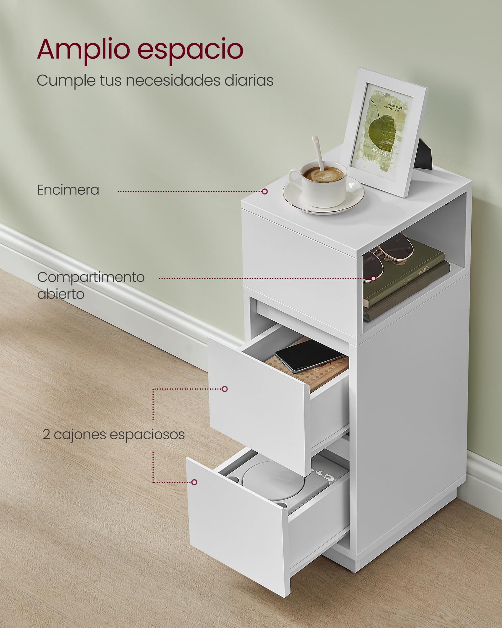 VASAGLE Kailyn Colección - Mesita de Noche Estrecha, Mesa Auxiliar con 2 Cajones y Compartimento Abierto, Encajable a la Izquierda o a la Derecha, Dormitorio, Salón, Blanco Nube LET656W01V1