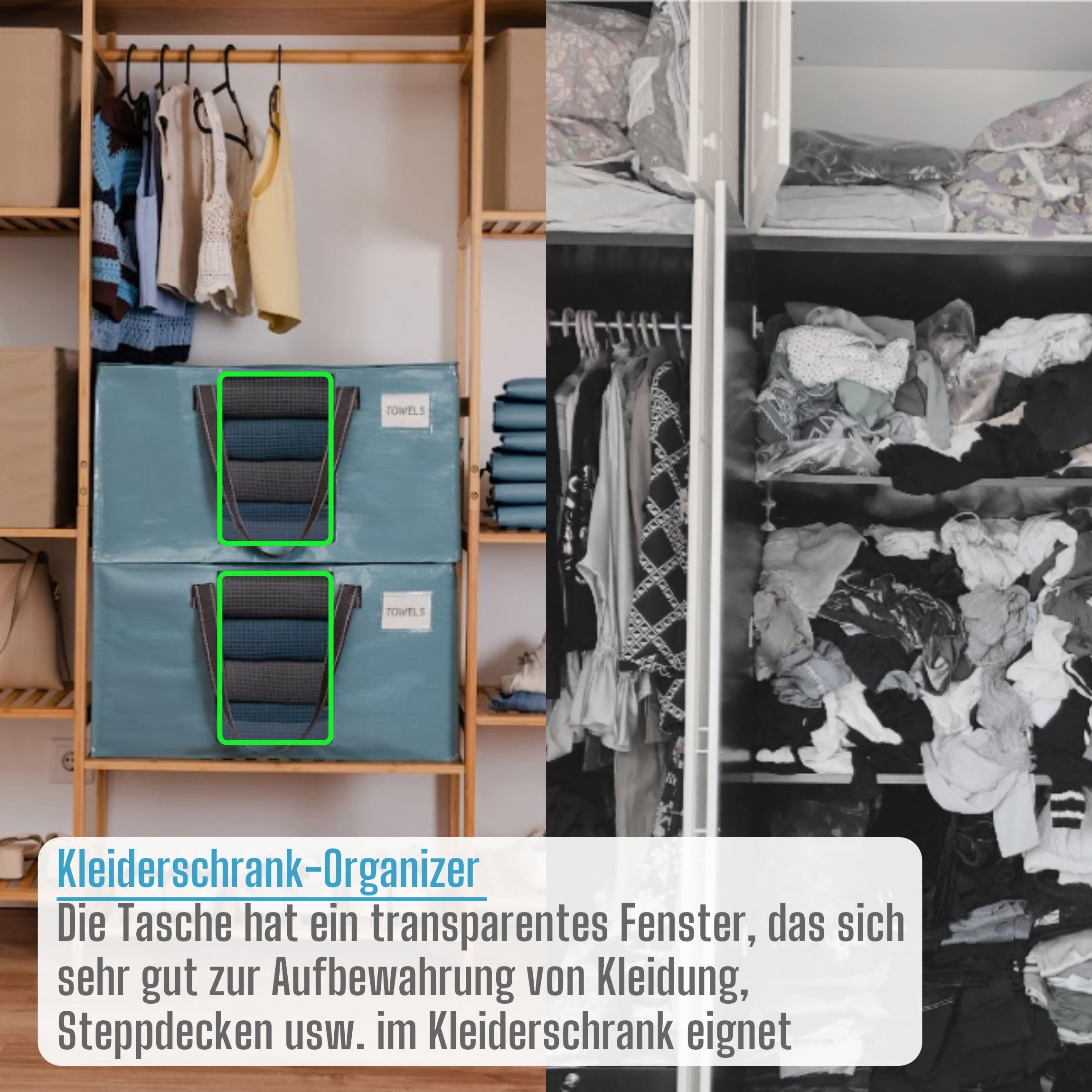VENO 4er-Pack Umzugstaschen XXL(87 Liter) mit Sichtfenster, Faltbare Aufbewahrungstasche, Starke Griffe & Reißverschluss, Alternative zu Umzugskartons für Kleidung,Hellblau