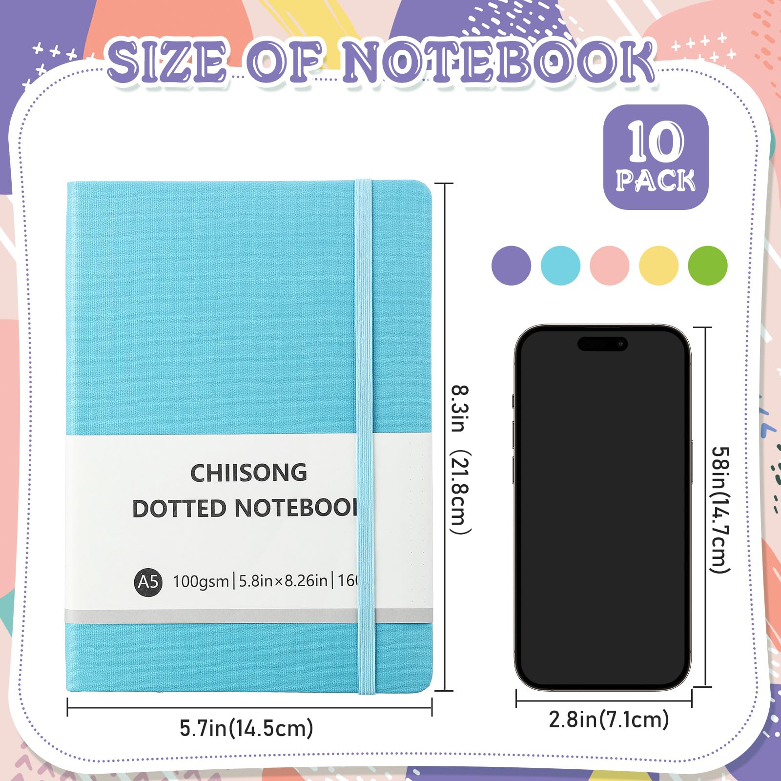 Chiisong Paquete de 10 cuadernos de puntos a granel, cuaderno de cuadrícula de puntos A5 con papel de 100 g/m², diario punteado de tapa dura de cuero con 160 páginas para mujeres y hombres,