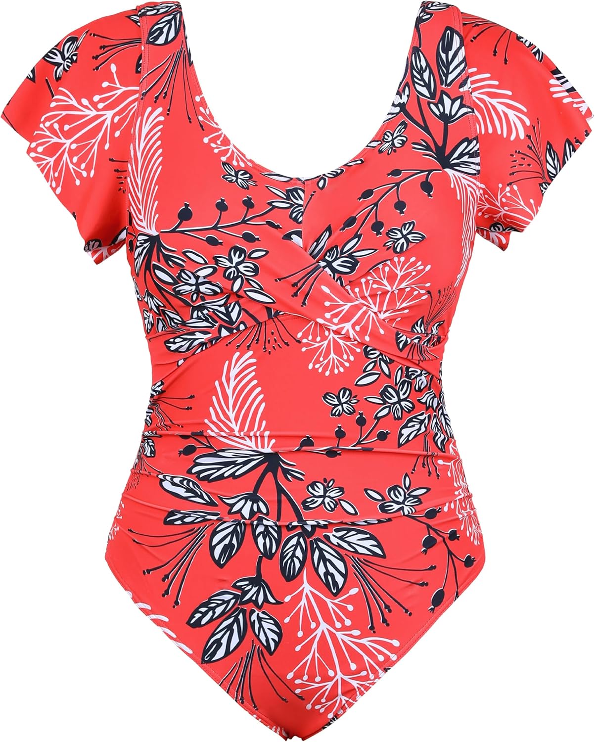 Hilor Women's Underwire Short Sleeve One Piece Swimsuits Tummy Control Bathing Suits V Neck Ruffle Swimwear - Image 6