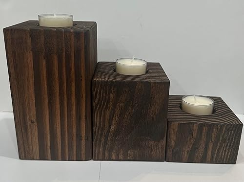 Miniatura 2 de Juego de 3 portavelas de velas de té, juego de 3 piezas, 2 pulgadas, 4 pulgadas, 6 pulgadas de altura (madera teñida marrón expreso)