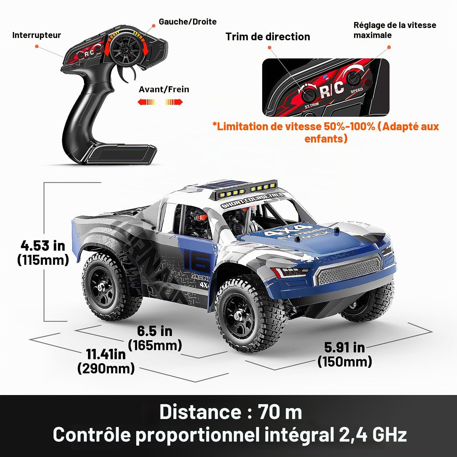 Voiture télécommandée 1:16, 2,4GHz Rapide 36 km/h, Véhicule Électrique Tout Terrain 4WD Résistant à l’Eau avec Doubles Batteries, Pneus Drift & Tout-Terrain, Transmission Métal et Éclairage LED