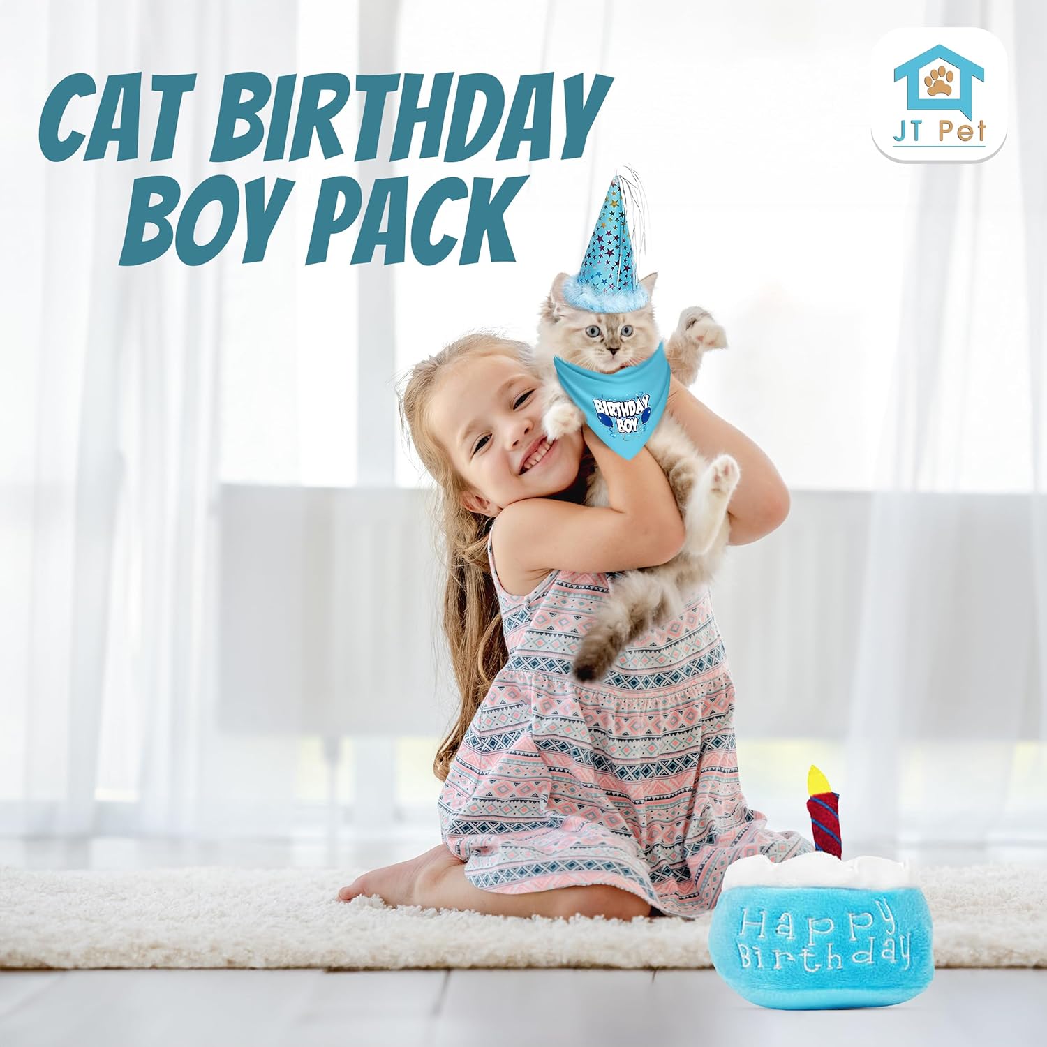Cat Birthday Boy Party Pack with Bandana, Star Spangled Blue Party Hat with Adjustable Elastic, Tassels and Feathery Trim, and Catnip Birthday Cake Toy, Small