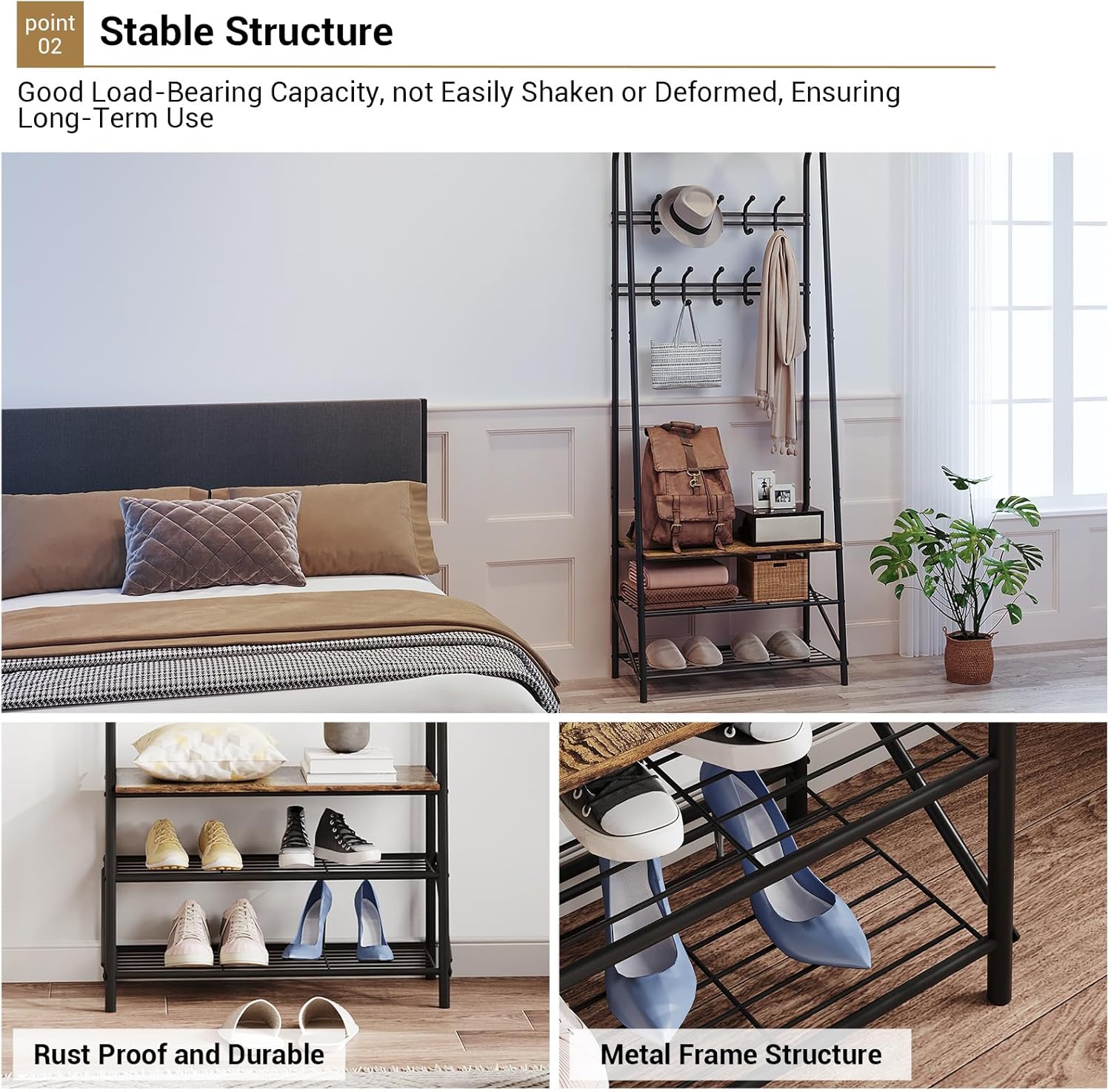 Coat Rack Shoe Bench with Double-Row 10 Hooks 60cm Width, 3-Tier Shelf Entryway Hall Tree with Storage, Metal Frame Multifunctional Organizer, 4-in-1 Coat Rack for Bathroom, Hallway.Brown.