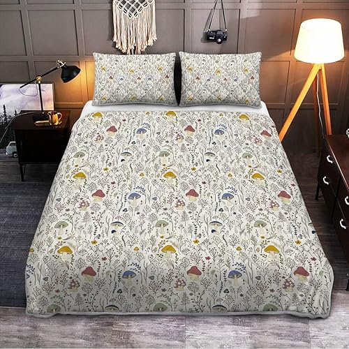 Juego de colcha de 3 piezas, decoración de hongos coloridos con plantas y flores, juego de edredón estético Kawaii para decoración de habitación