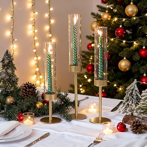 Miniatura 2 de Juego de 3 portavelas de huracán, de metal dorado mate, con tubos cilíndricos de chimenea de vidrio transparente, soportes altos para velas para