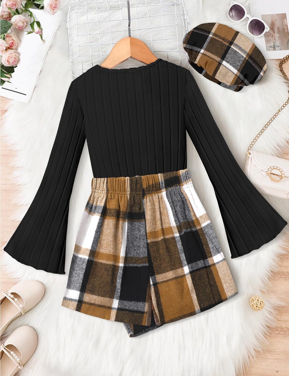 Girls Clothes 3Pcs Girl Outfits Solid Color Flare Sleeve Tops + Plaid Skirt Shorts + Beret Girls' Clothing Sets 7-14Y - Image 5