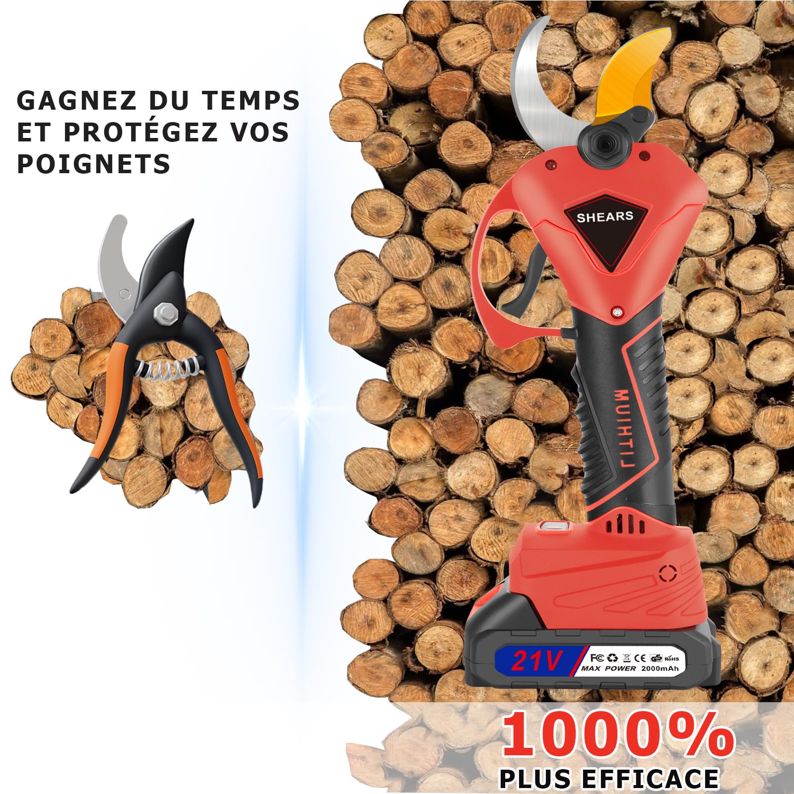 Secateur Electrique Sans Fil 50mm, Secateur Electrique avec 2*Batteries 2000mAh, Moteur Sans Balais, Lame SK7, Écran LCD, Professionnel Sécateur la taille, le Jardinage, les Arbres Fruitiers