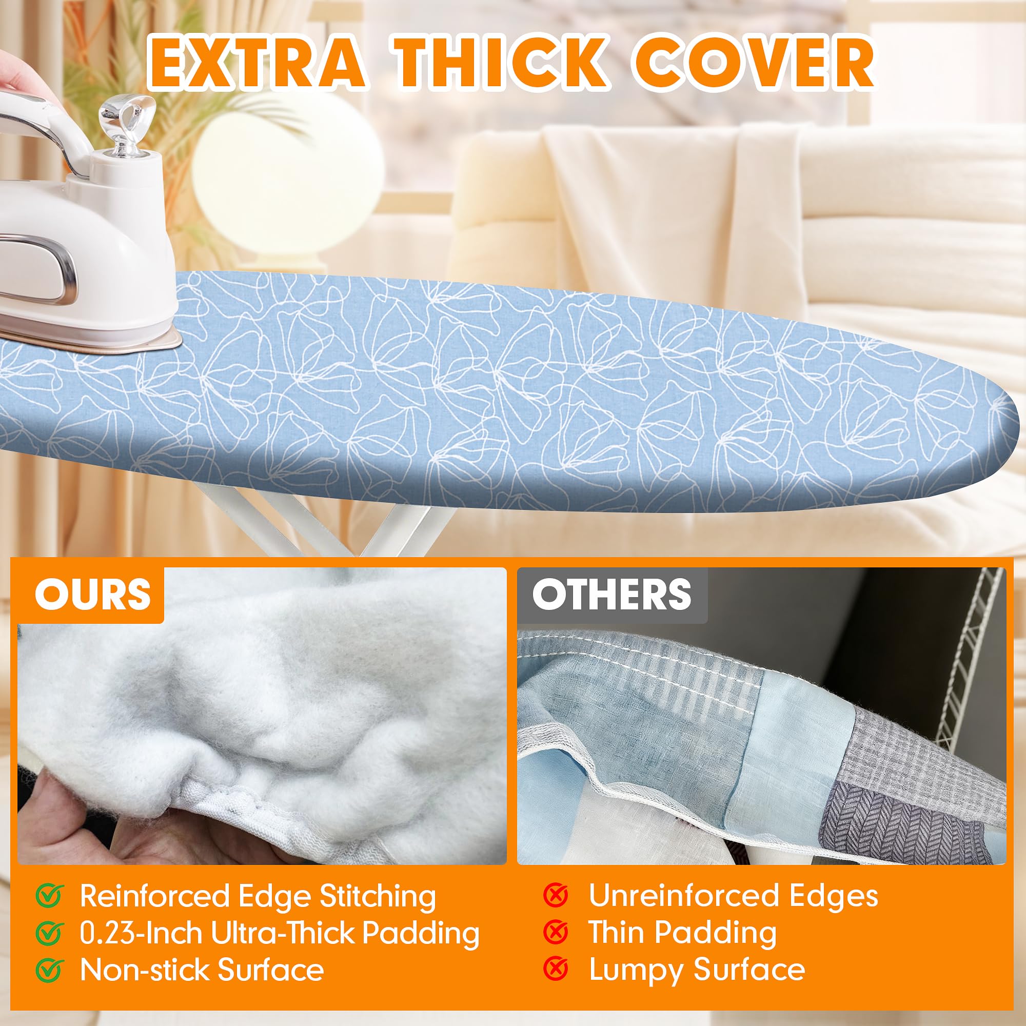 Funda y almohadilla para tabla de planchar, acolchado grueso, resistente a quemaduras y manchas, muy resistente, con cierres ajustables y borde elástico, tamaño extraancho, 46 x 124 cm, azul cielo