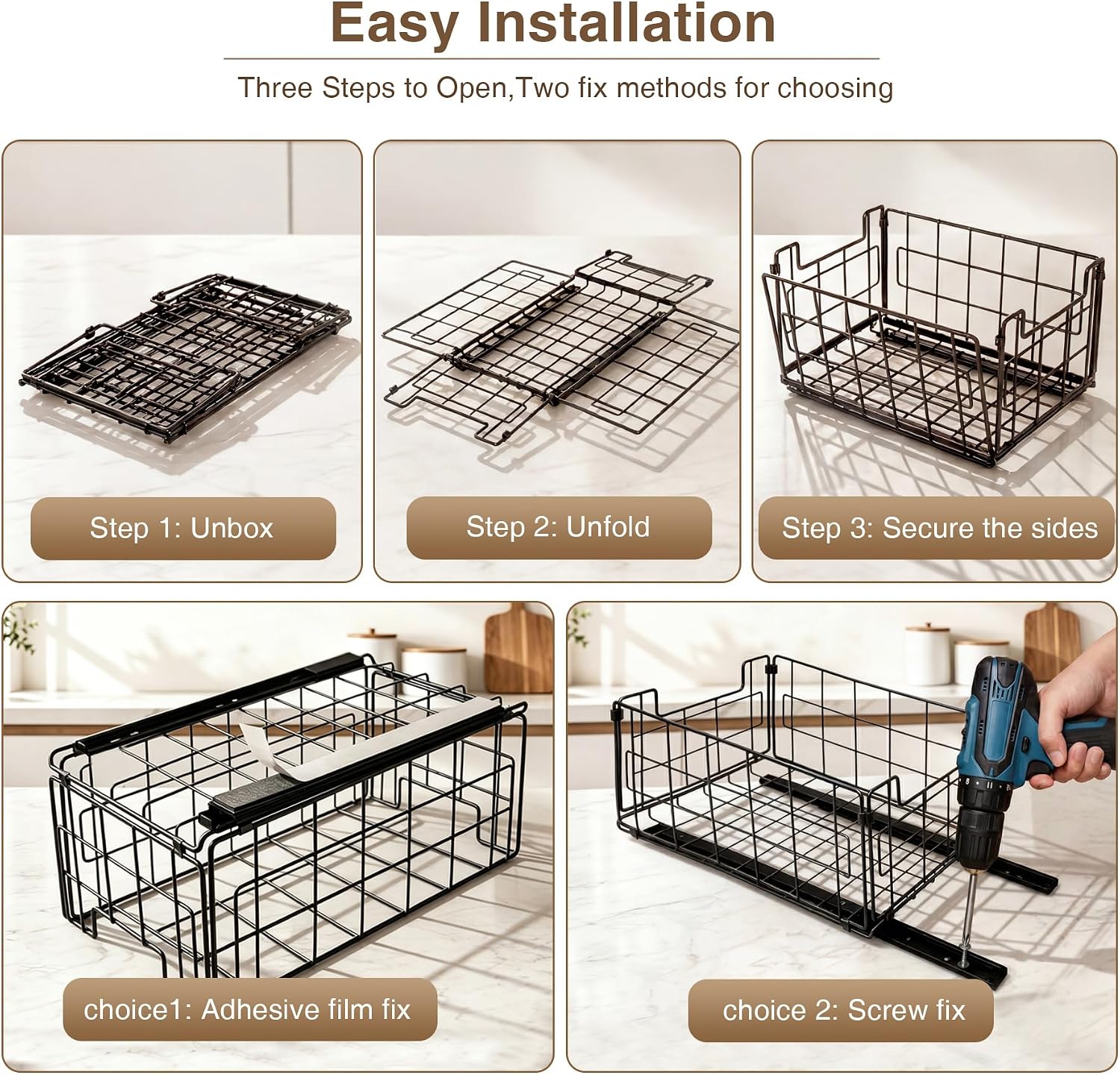 Pull Out Cabinet Sliding Basket Organizer, Heavy Duty Slide Out Drawer for Kitchen Cabinet, No Drill Adhesive Sliding Shelves for Kitchen Bathroom Home, 13.8" D x 8.5" W x 6.3" H,Black-2 Pack