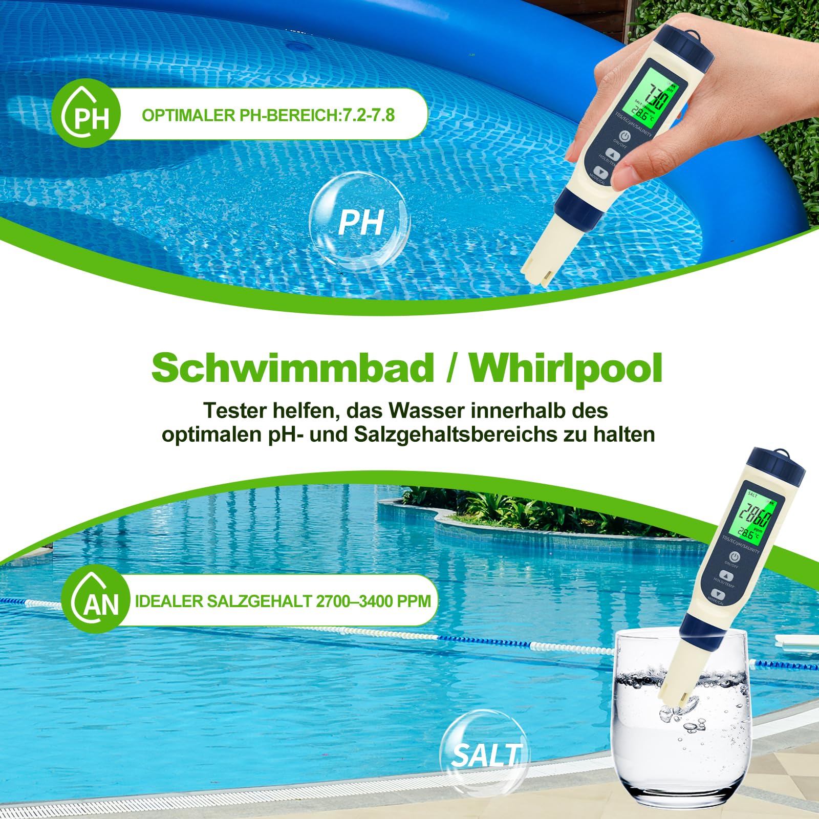 PH Messgerät Wasser 5 in 1 TDS EC Salzgehalt Thermometer LCD-Display Automatische Temperaturkompensation pH Tester Hochpräziser Wassertester