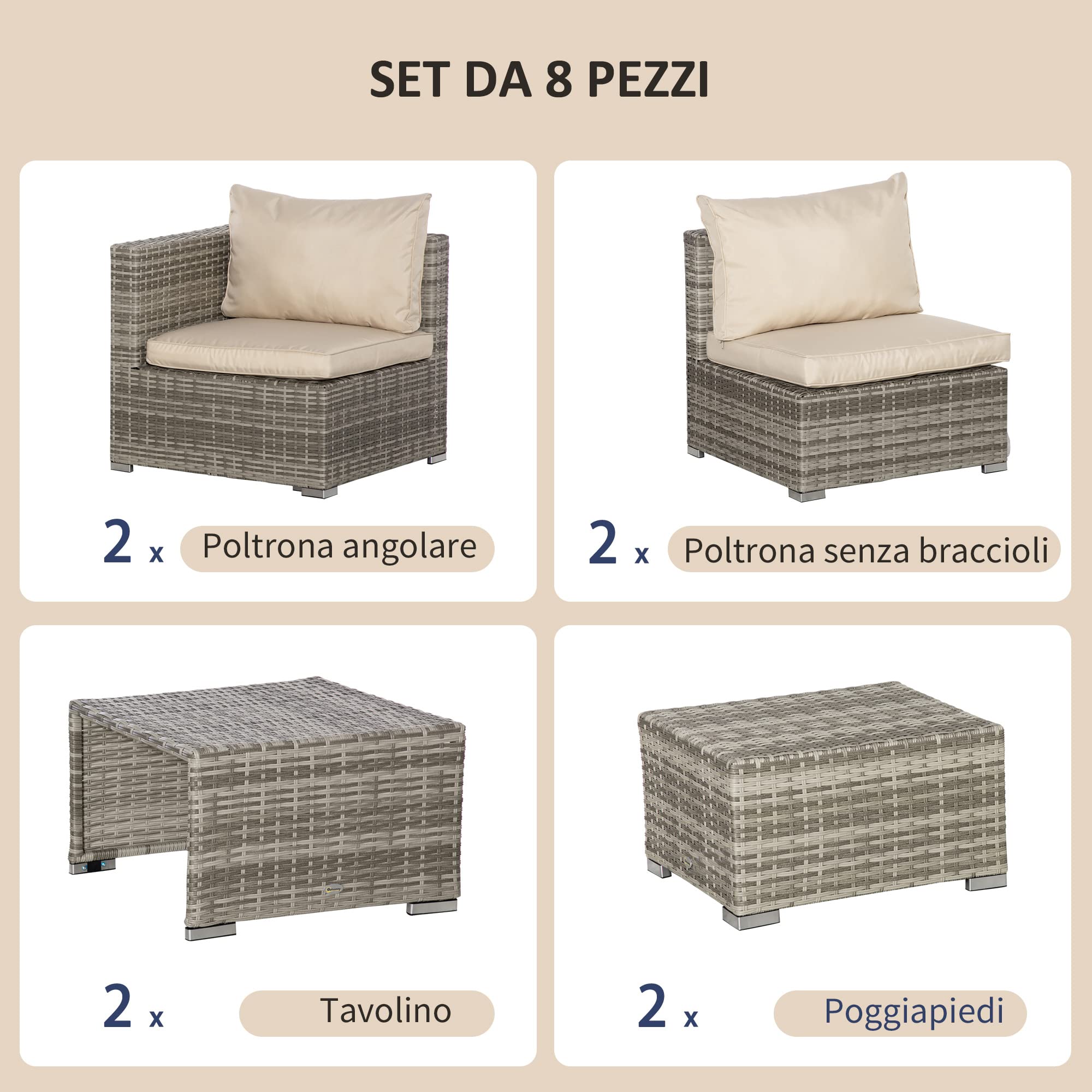 Outsunny Salotto da Esterno in Rattan PE da 8 Pezzi, Set Mobile da Giardino Salvaspazio con Poltrone, Tavolini e Sgabelli, Beige