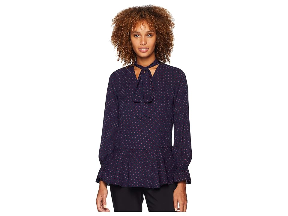 

LAUREN Ralph Lauren Tie Neck Georgette Top (Navy/Crimson) Women's Clothing