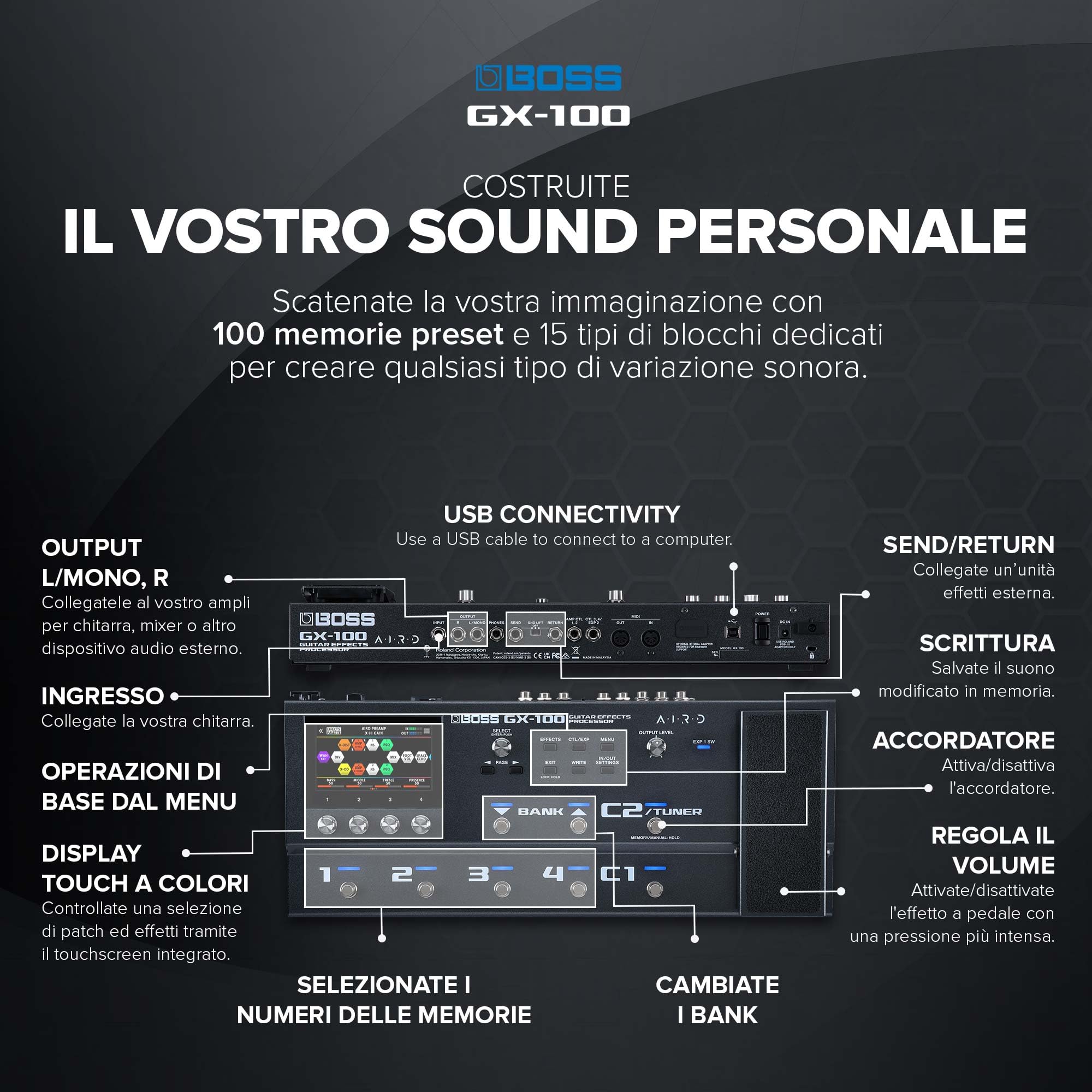 BOSS GX-100 | Processore di effetti per chitarra avanzato | Il vero suono degli ampli valvolari con la tecnologia AIRD | 32 tipi di ampli e oltre 170 effetti BOSS derivati dal top di gamma GT-1000
