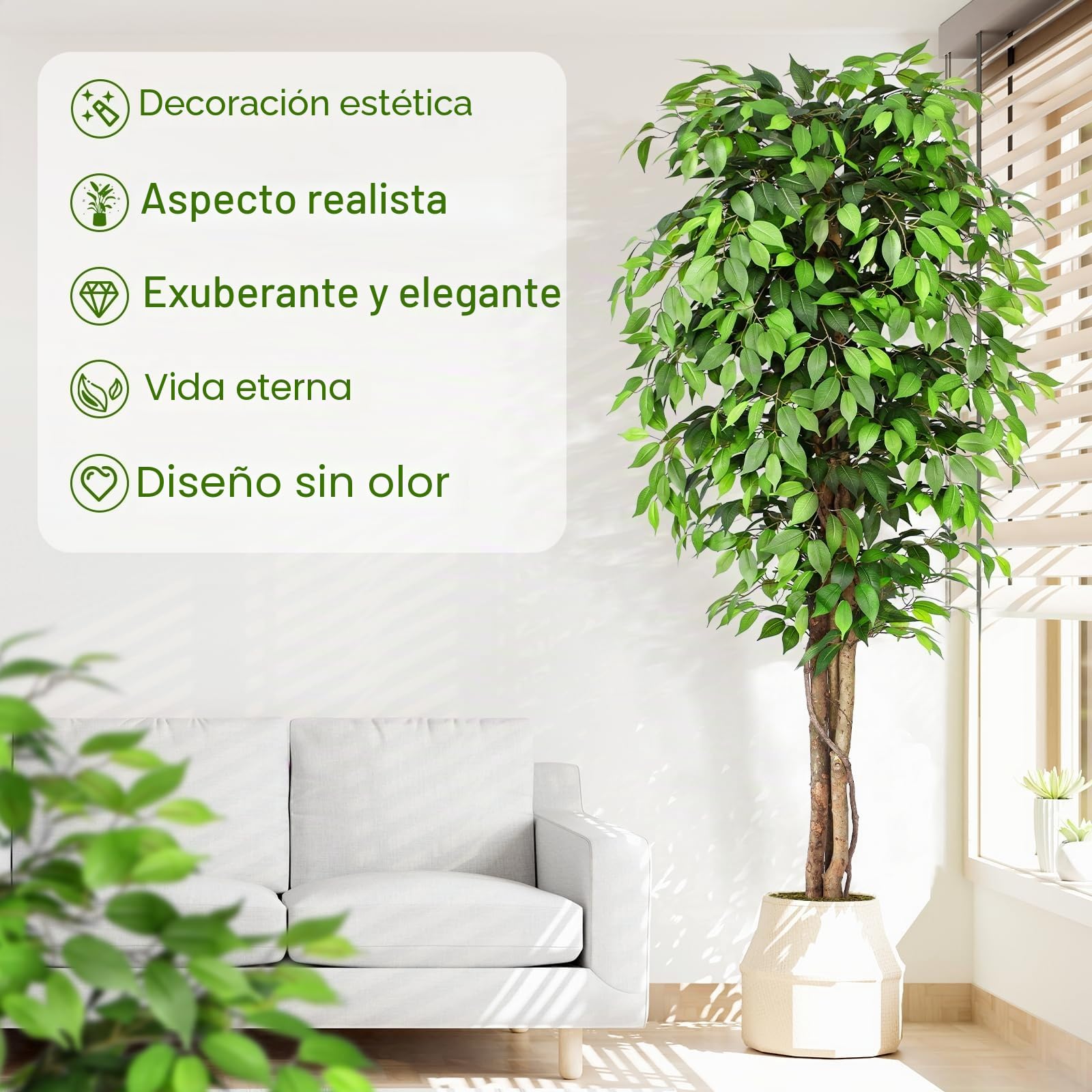 Planta Artificial Ficus 210cm Alta con Tres Varas de Madera Natural, Planta Artificial Grande con 1760 Hojas, Plantas Artificiales Interior Decorativas para Oficina Hogar DEC