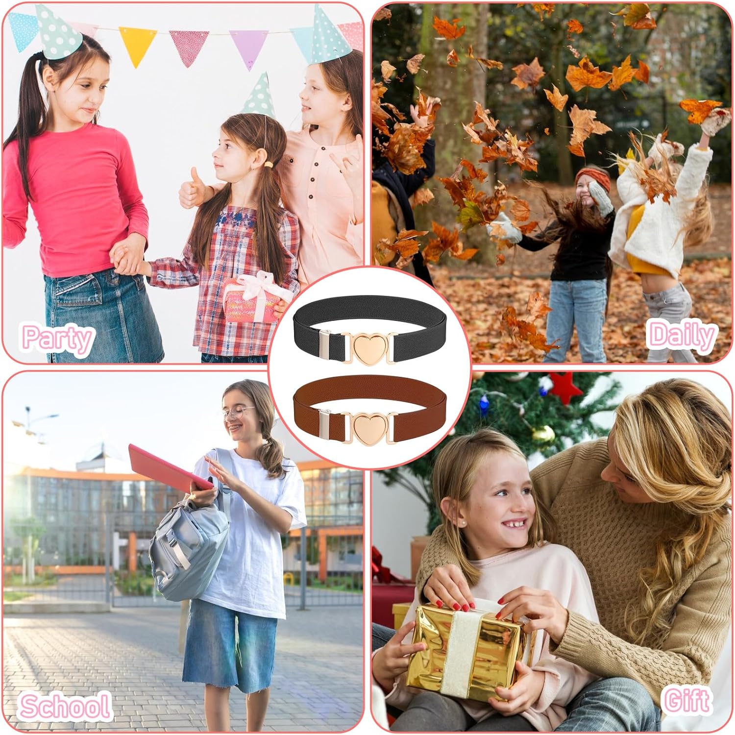 2 Pack Girls Elastic Belts, Adjustable Kids Belt Heart-Shaped Metal Buckle Waist Belt for Dress Pants Jeans - Image 5