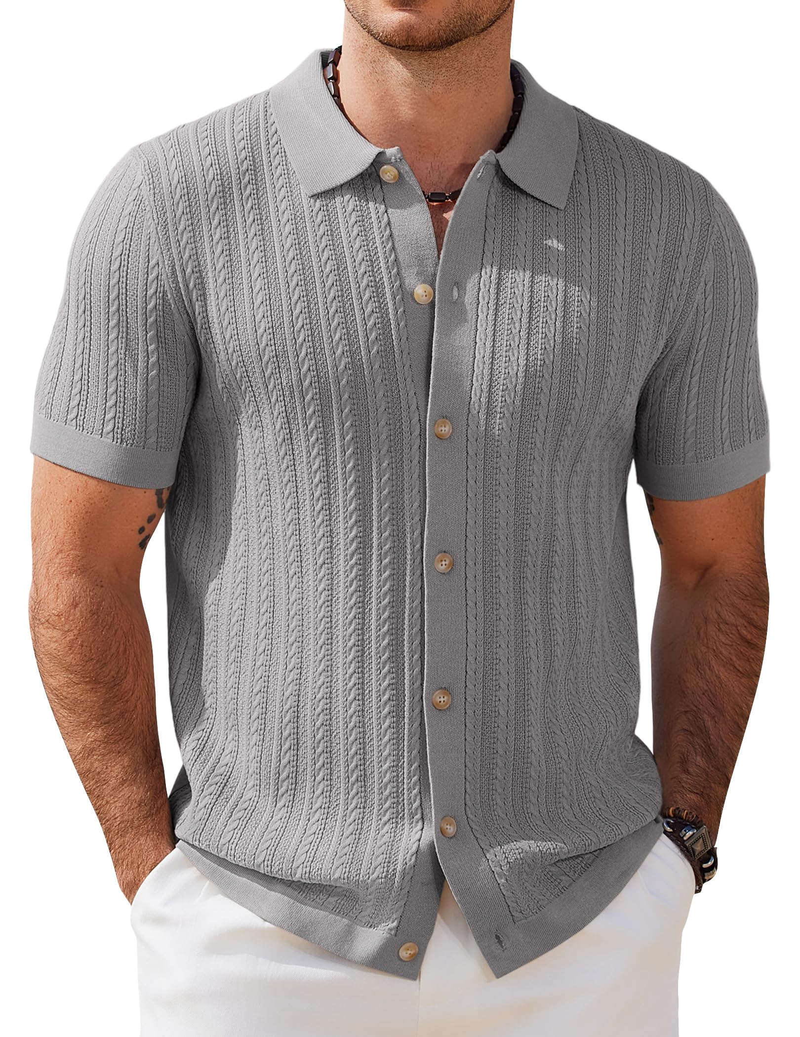 COOFANDY Herren Poloshirt Kurzarm Strick Polo Hemden mit Knopfleiste Zopfmuster Strickhemd Sommer Golf Shirts