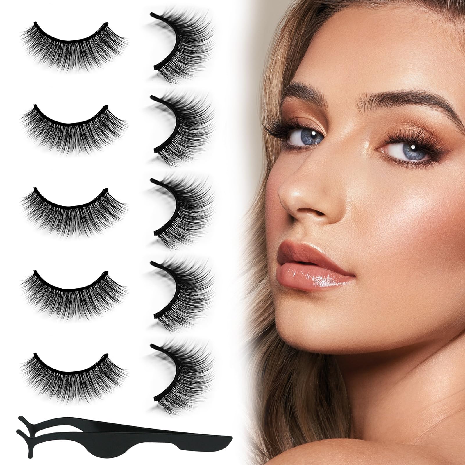 5 Pairs Mixed Self Adhesive Eyelashes, False Eyelashes Natural Look, Waterproof Lashes with Tweezers, Reusable Self Adhesive Eyelashes, Self Sticking