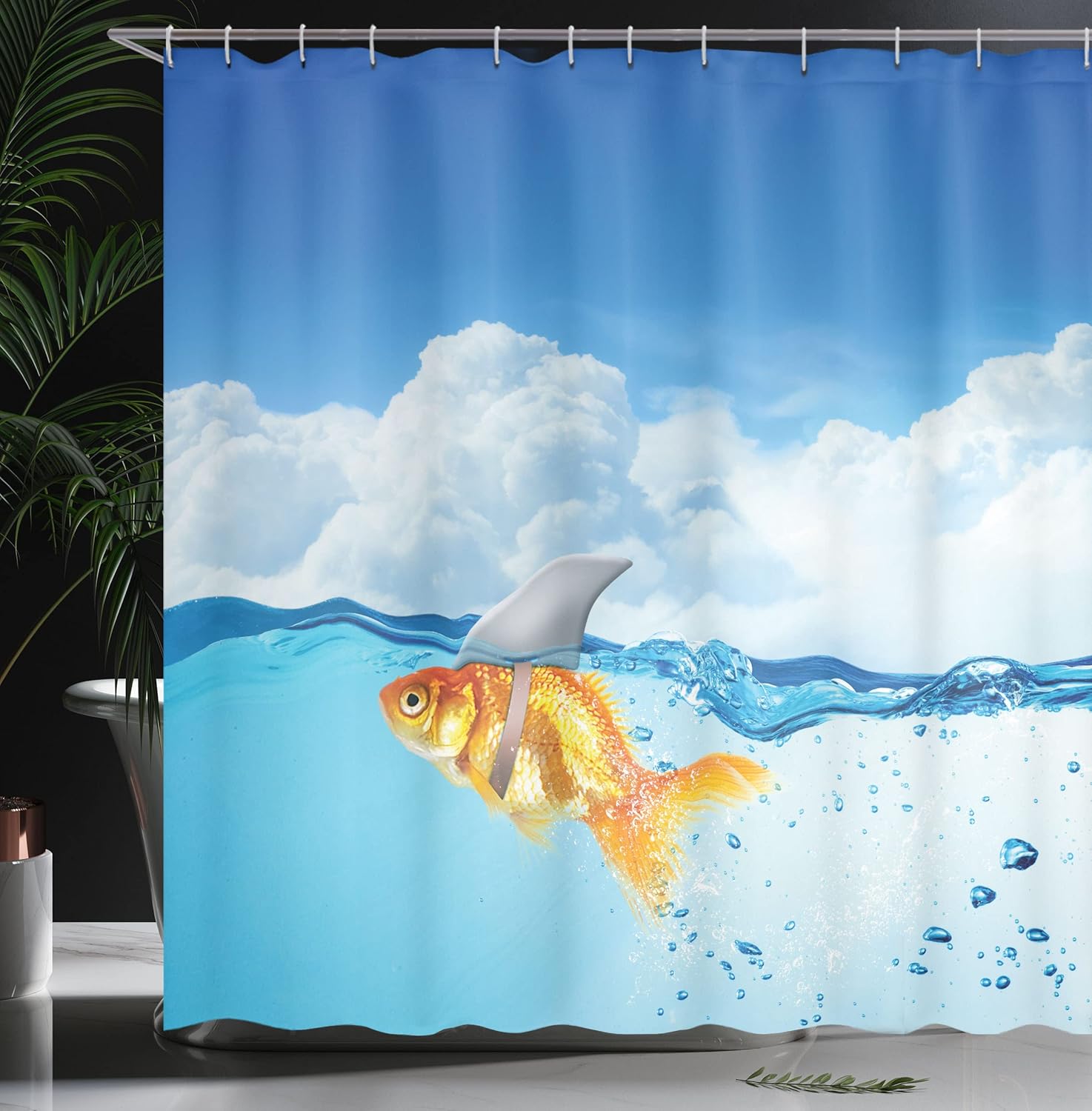 Ambesonne Shark Shower Curtain, Goldfish Mammal Fin on Top of The Water Fake Comical Humorous Nature Image, Cloth Fabric Bathroom Decor Set with Hooks, 69" W x 70" L, Blue Orange
