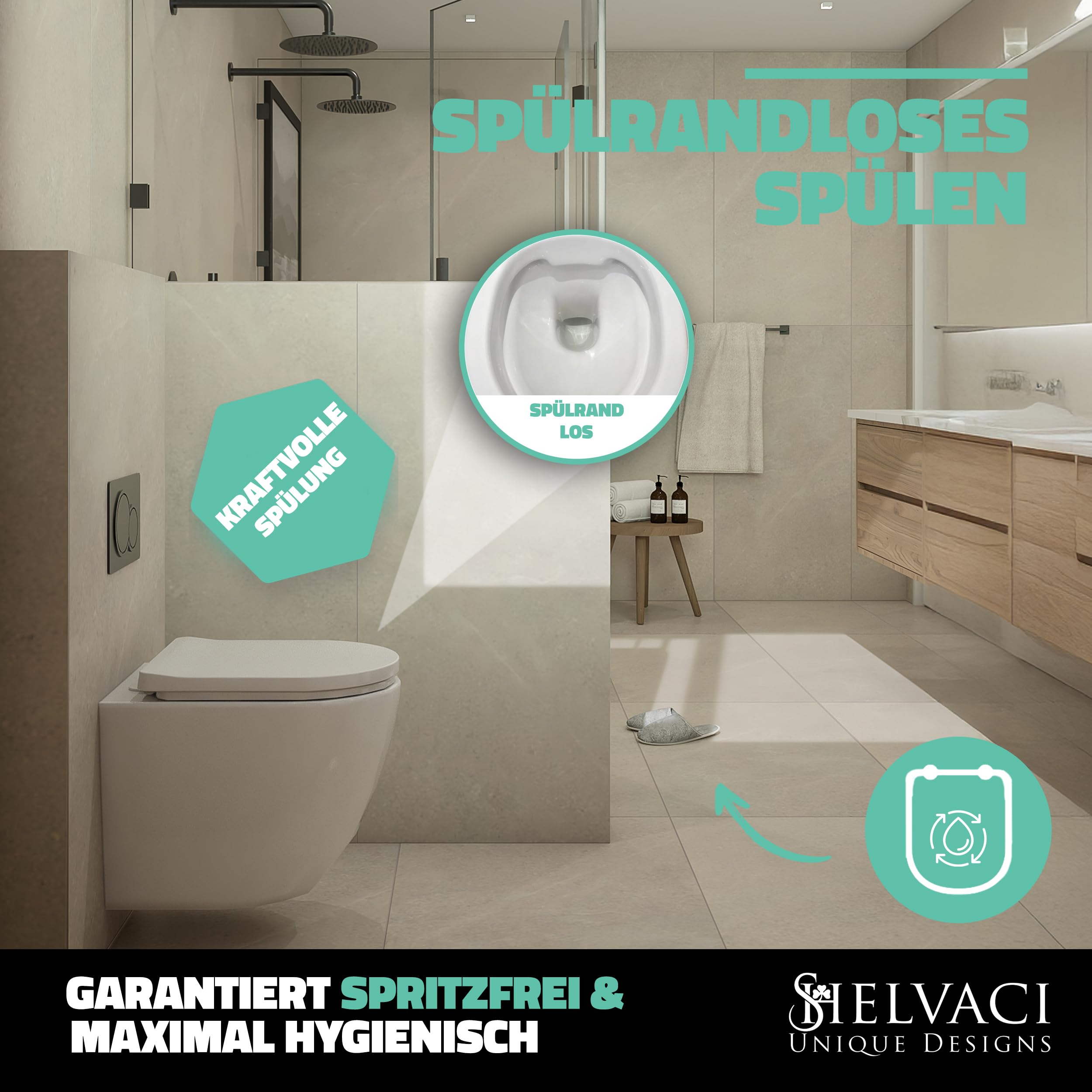 Premium Hänge-WC Toilette Keramik inkl. Toilettendeckel Weiß glänzend (Komplett-Set) - Spülrandloses Wand WC hängend, rund Gr. 490x360x360 - Wand-Toilette Absenkautomatik