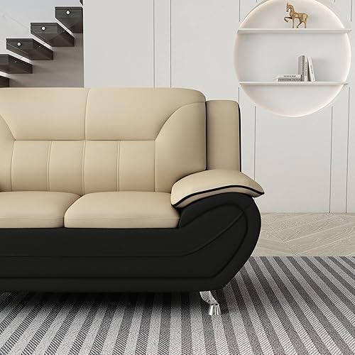 Miniatura 9 de Michael Modern - Sofá biplaza tapizado de piel sintética con patas de acero inoxidable para sala de estar, color camello negro