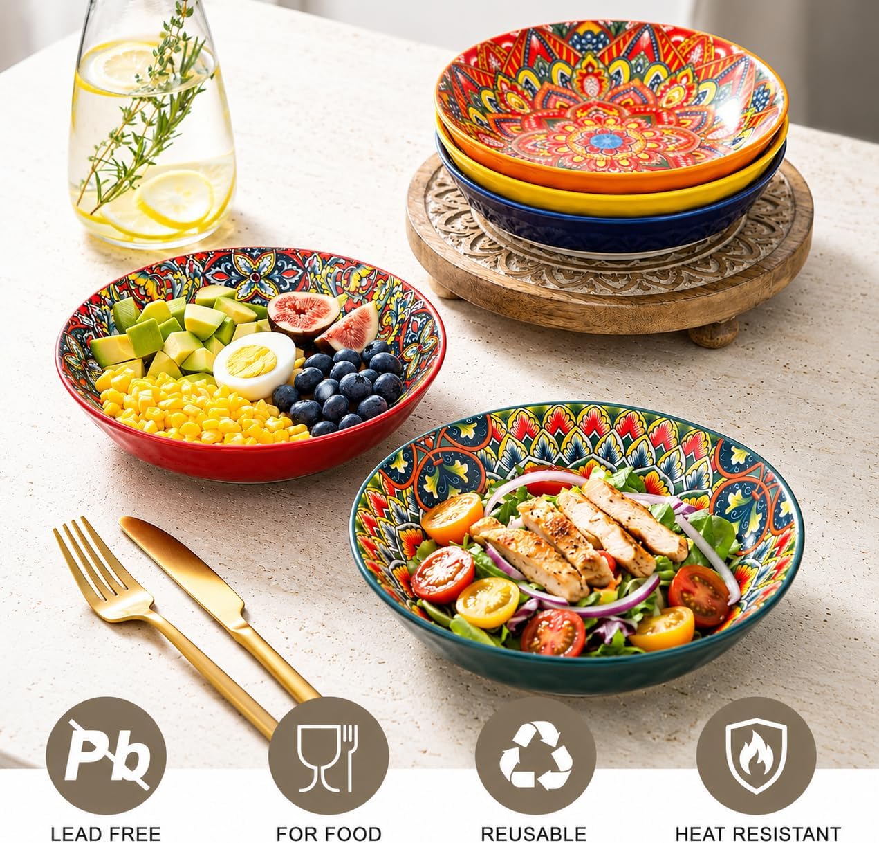 32 oz Pasta Bowls Set of 6, Large Ceramic Colorful Deep Plates, Bohemian Style Soup Salad Bowls, Dishwasher & Microwave Safe for Kitchen, Boho Vibrant Dinnerware