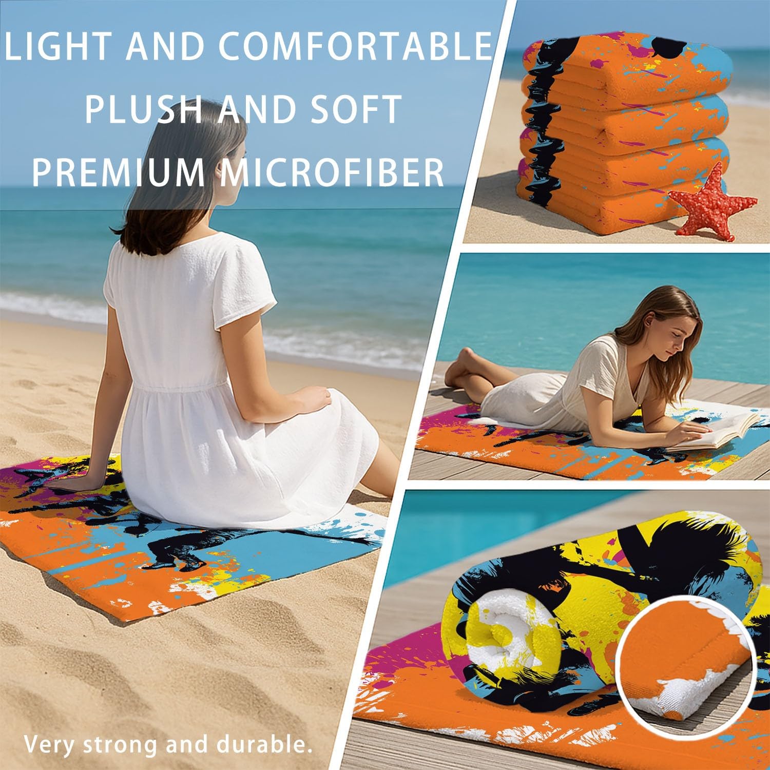 Générique Serviette de Plage Microfibre 230 x 210 CM,Drap de Plage Urbain, Graffiti, Silhouette, Couverture de Plage Absorbante,Couverture de Bain Silhouettes Vibrantes