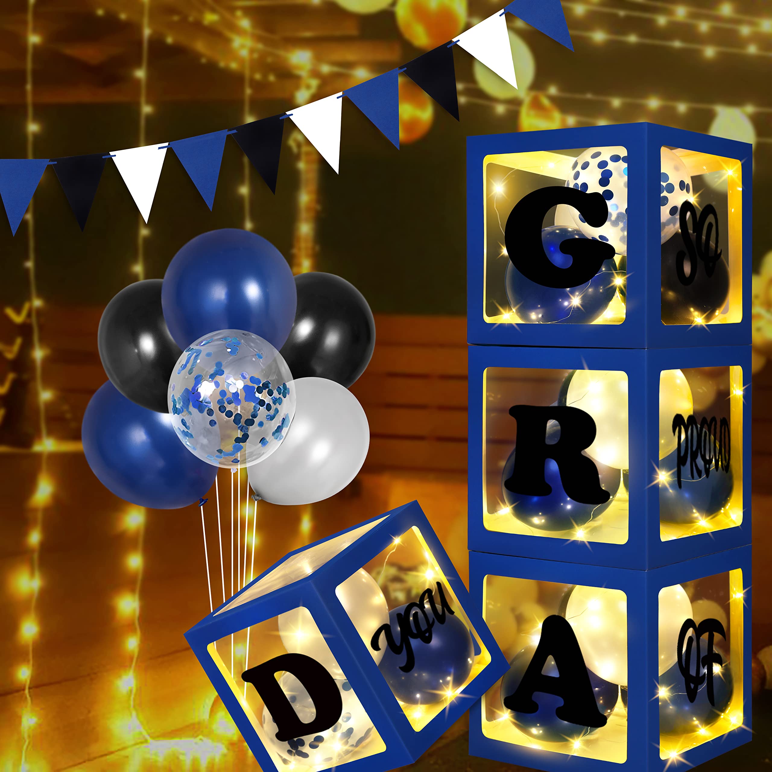 90shine Graduation Decorations Class of 2026: 4PCS Blue Congrats Grad Boxes with Letters, 33 Balloons, 4 Light Strips - Centerpieces for Tables Party