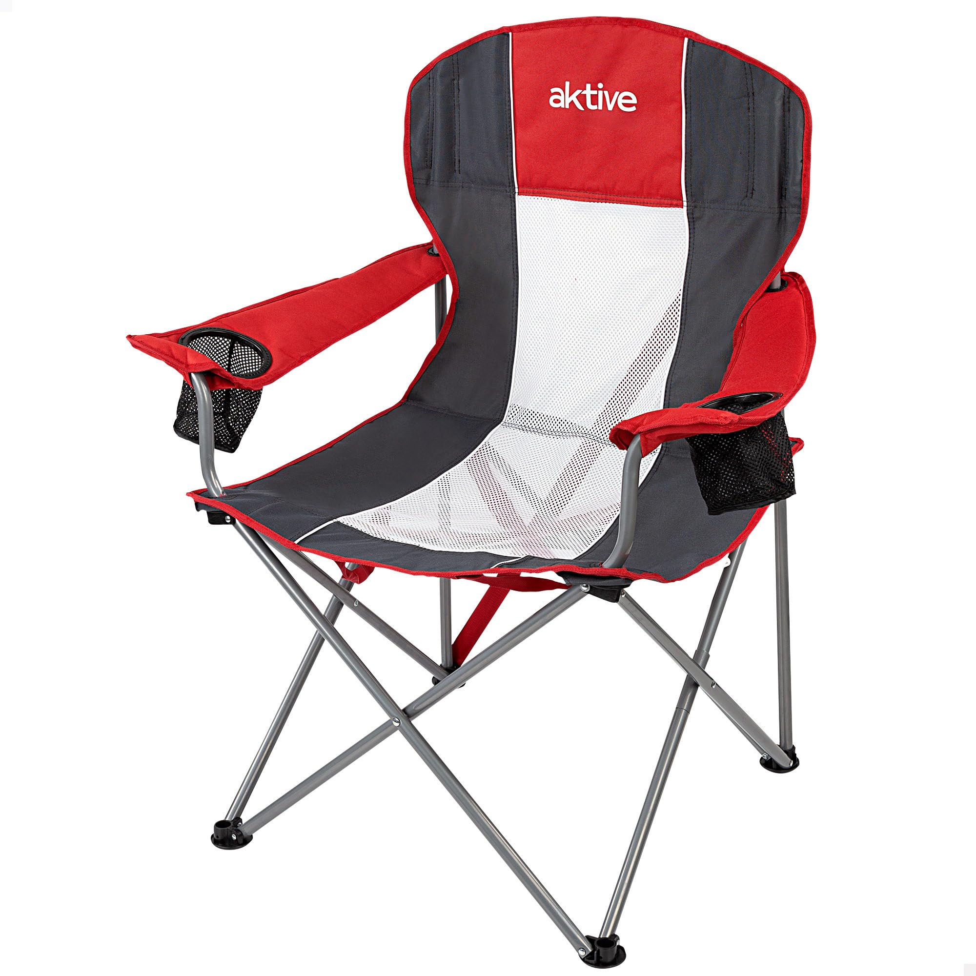 Chaise de camping XL pliable rouge et gris avec porte-gobelet Aktive