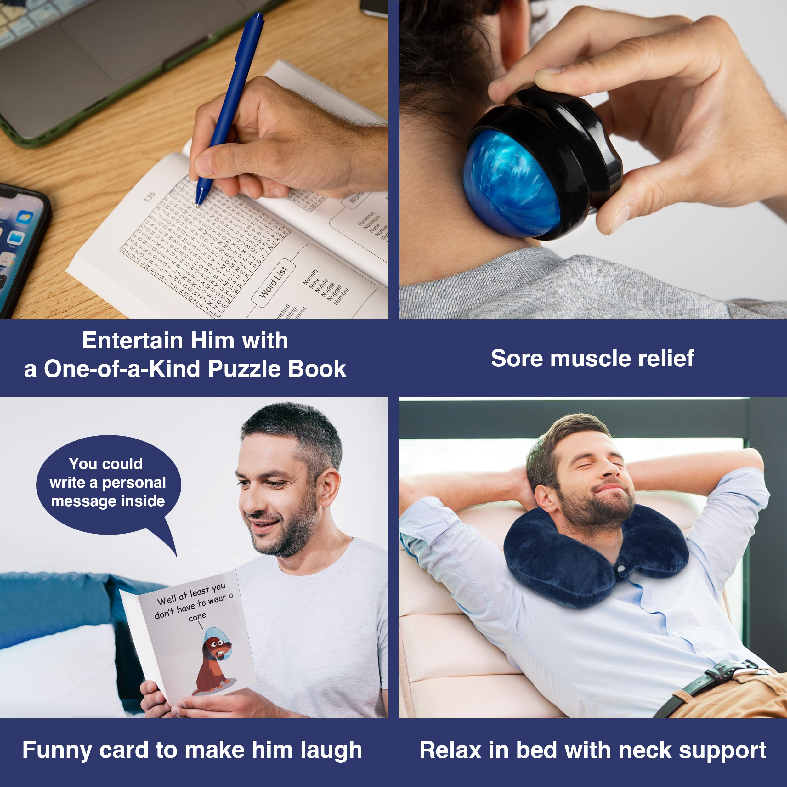 Cesta de regalo Get Well Soon para hombre, vaso aislado, manta de felpa, almohada para el cuello, rodillo de masaje, libro de rompecabezas, tarjeta de felicitación divertida, bolígrafo, paquete de