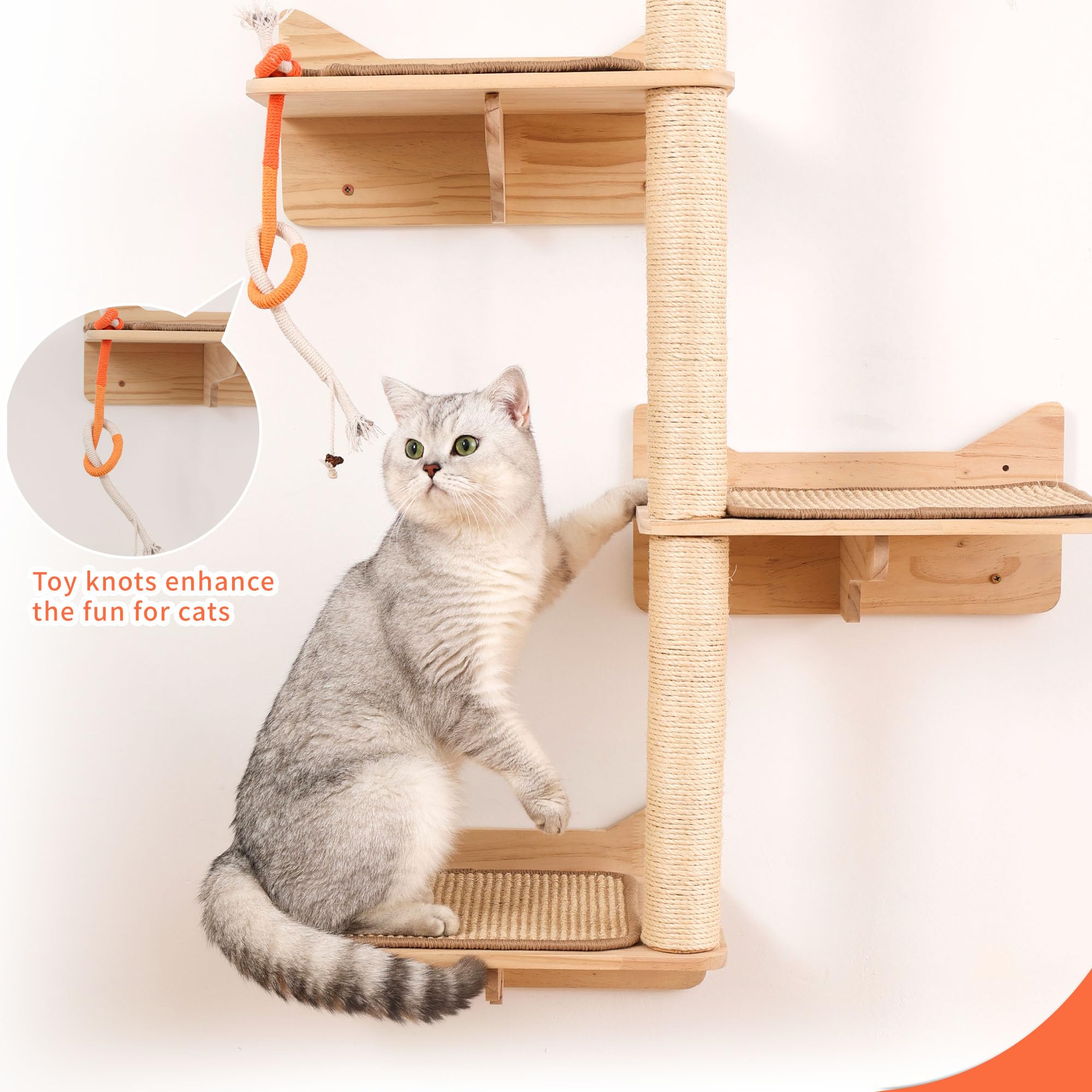 Kratzbaum zur Wandmontage, 7 Stück, Katzen-Wandregale und Sitzstangen mit hohen Sisal-Kratzstämmen, Wandhalterung, Katzen-Kletterbaum und platzsparende Möbel für Indoor-Katzen zum Klettern