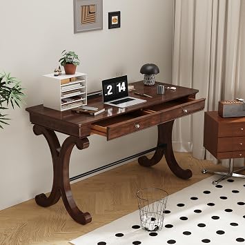 Classic Wooden Writing Desk with Storage Drawers, 47, Computer Desk for Poplar Wood with Cherry Veneer, Elegant Scroll Leg Design, Sturdy Workstation for Home Office,Walnut,SSZ-D0036-DCR